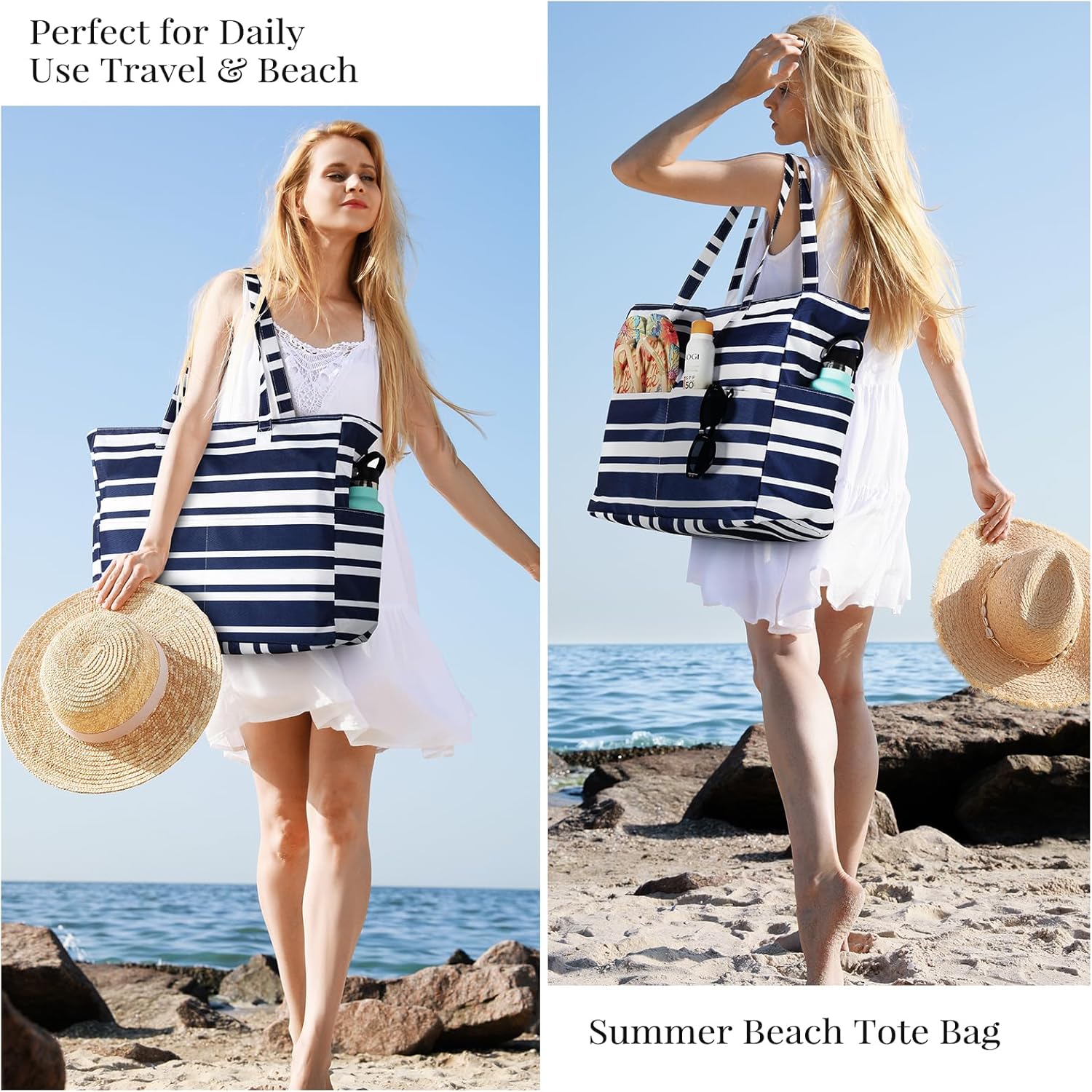 Beach Bags for Women Waterproof Sandproof Women Tote Bag, Large Beach Bag with Zipper for Gym Travel Vocation - Image 7