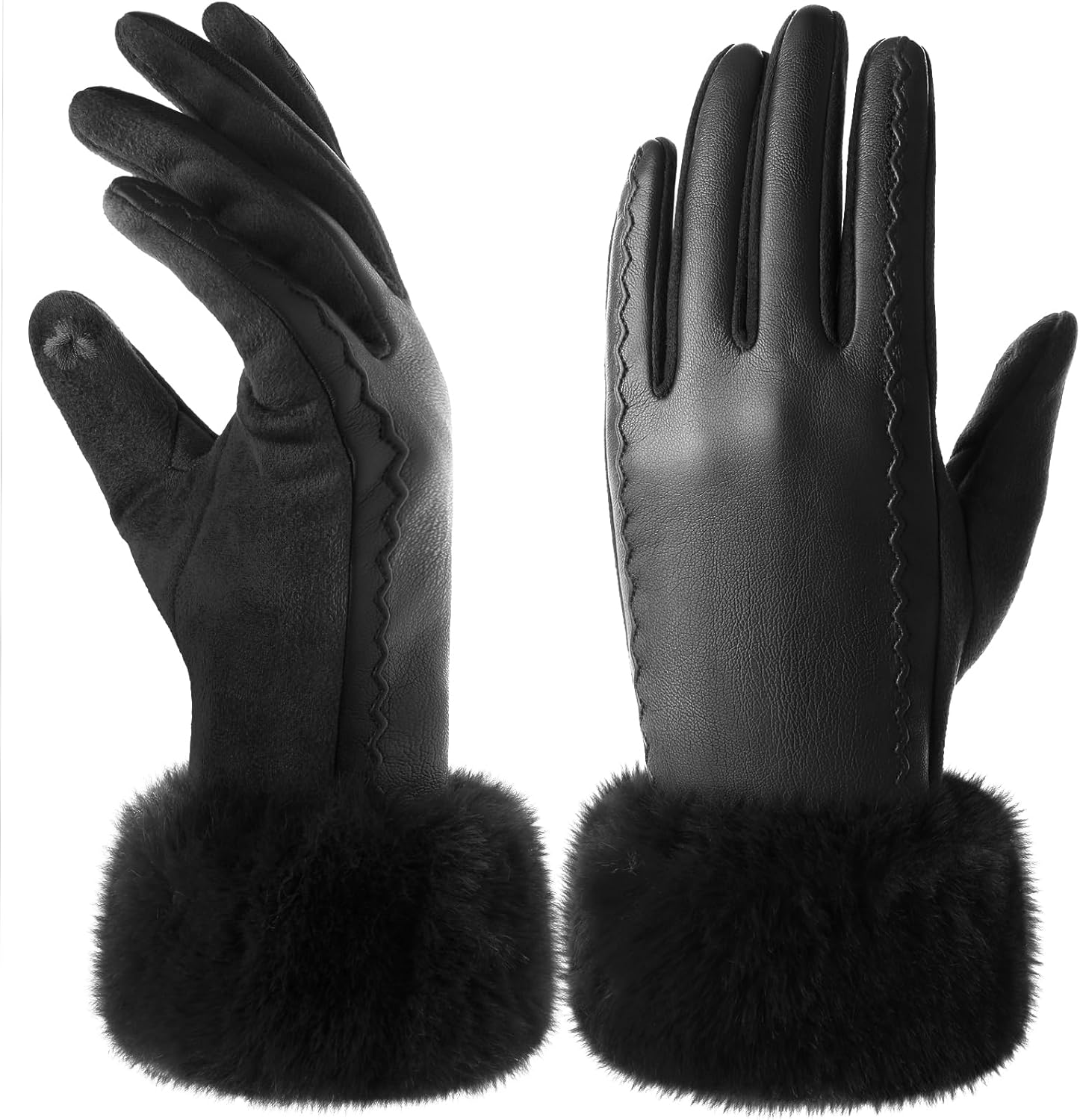 Leather Gloves for Women, Warm Winter Gloves Women with Plush Cuff, Touchscreen Womens Gloves for Cold Weather - Image 1