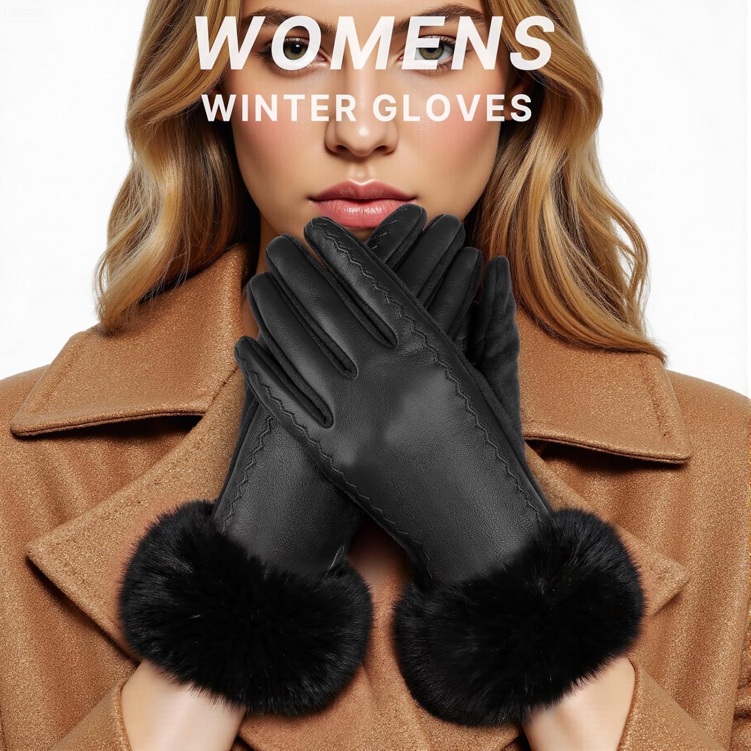 Leather Gloves for Women, Warm Winter Gloves Women with Plush Cuff, Touchscreen Womens Gloves for Cold Weather - Image 2