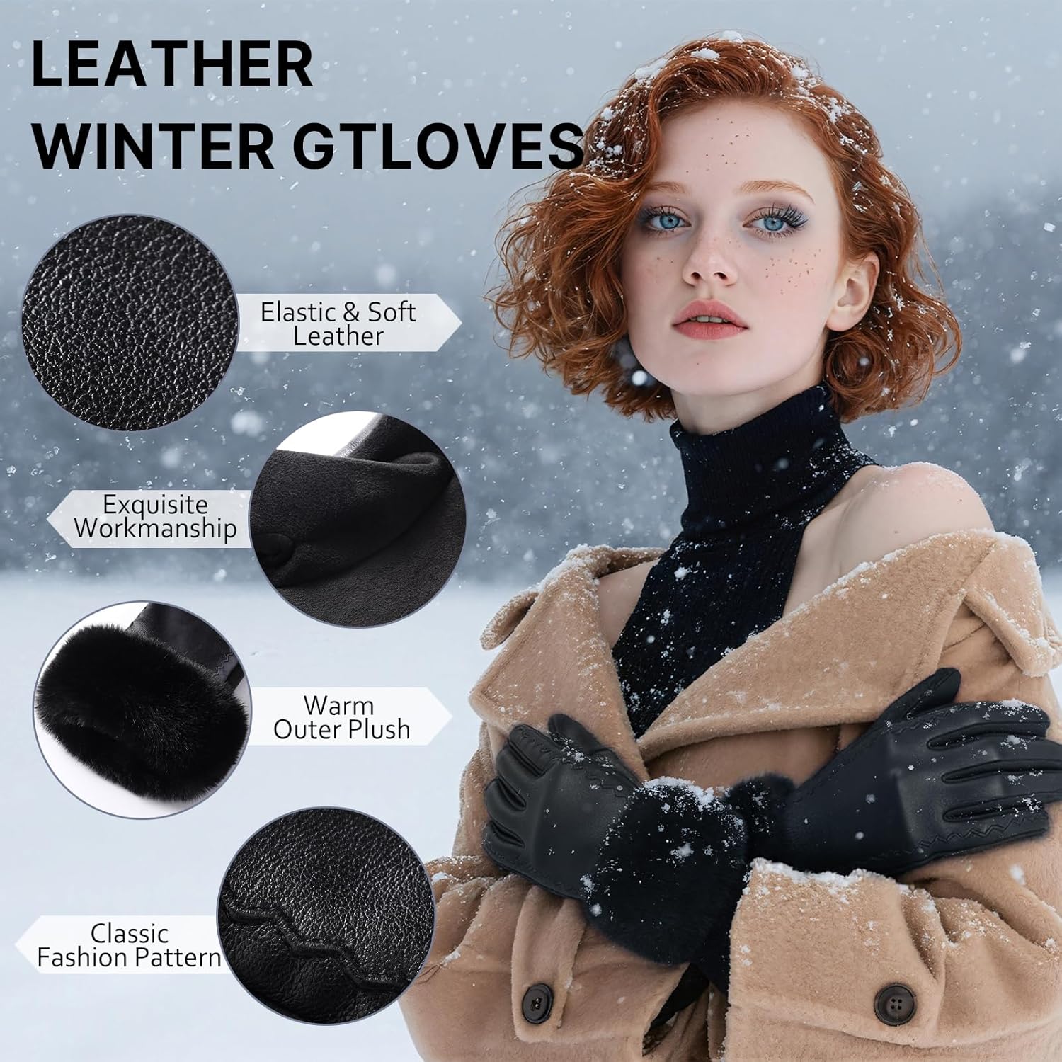 Leather Gloves for Women, Warm Winter Gloves Women with Plush Cuff, Touchscreen Womens Gloves for Cold Weather - Image 4