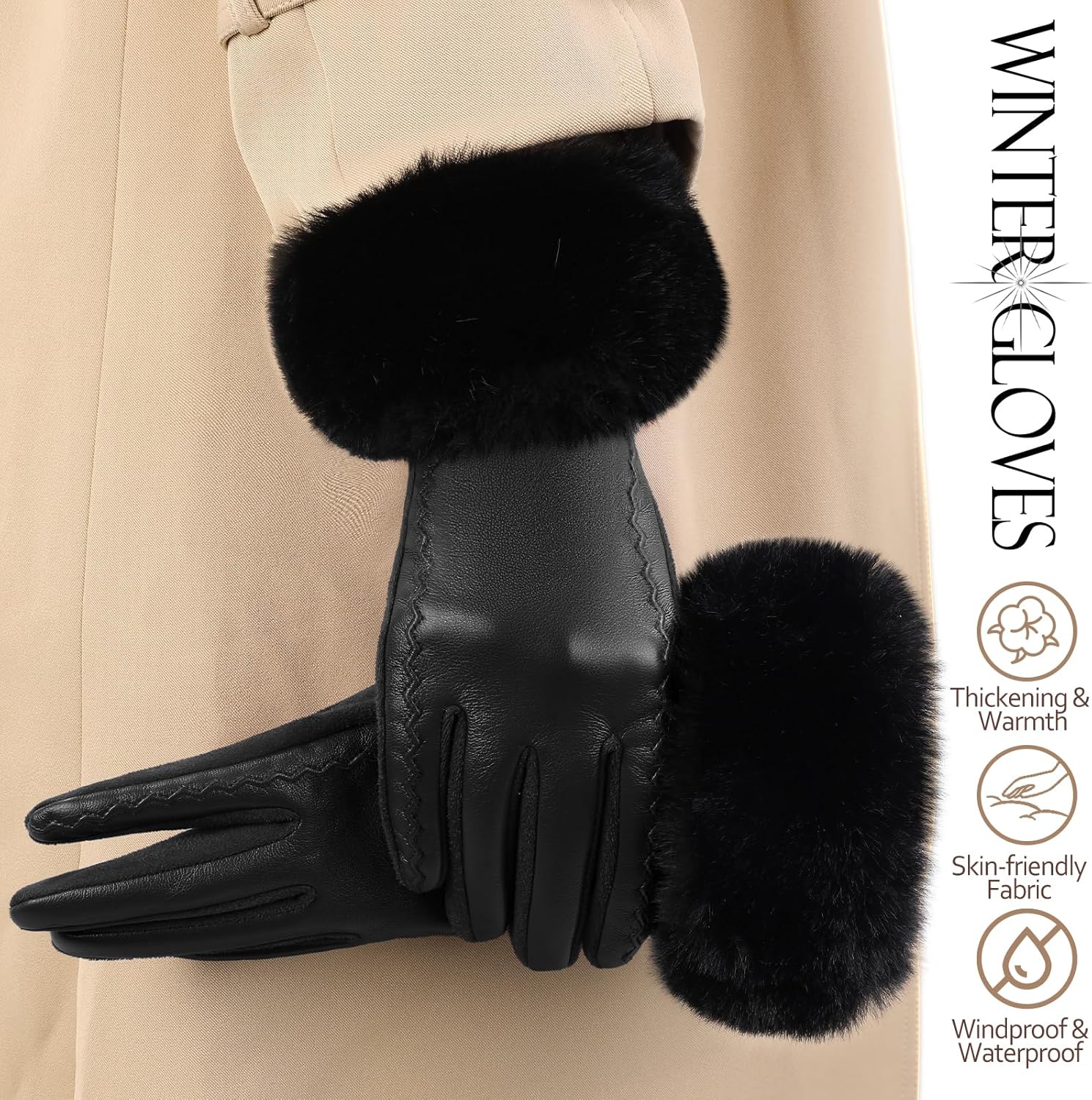 Leather Gloves for Women, Warm Winter Gloves Women with Plush Cuff, Touchscreen Womens Gloves for Cold Weather - Image 6