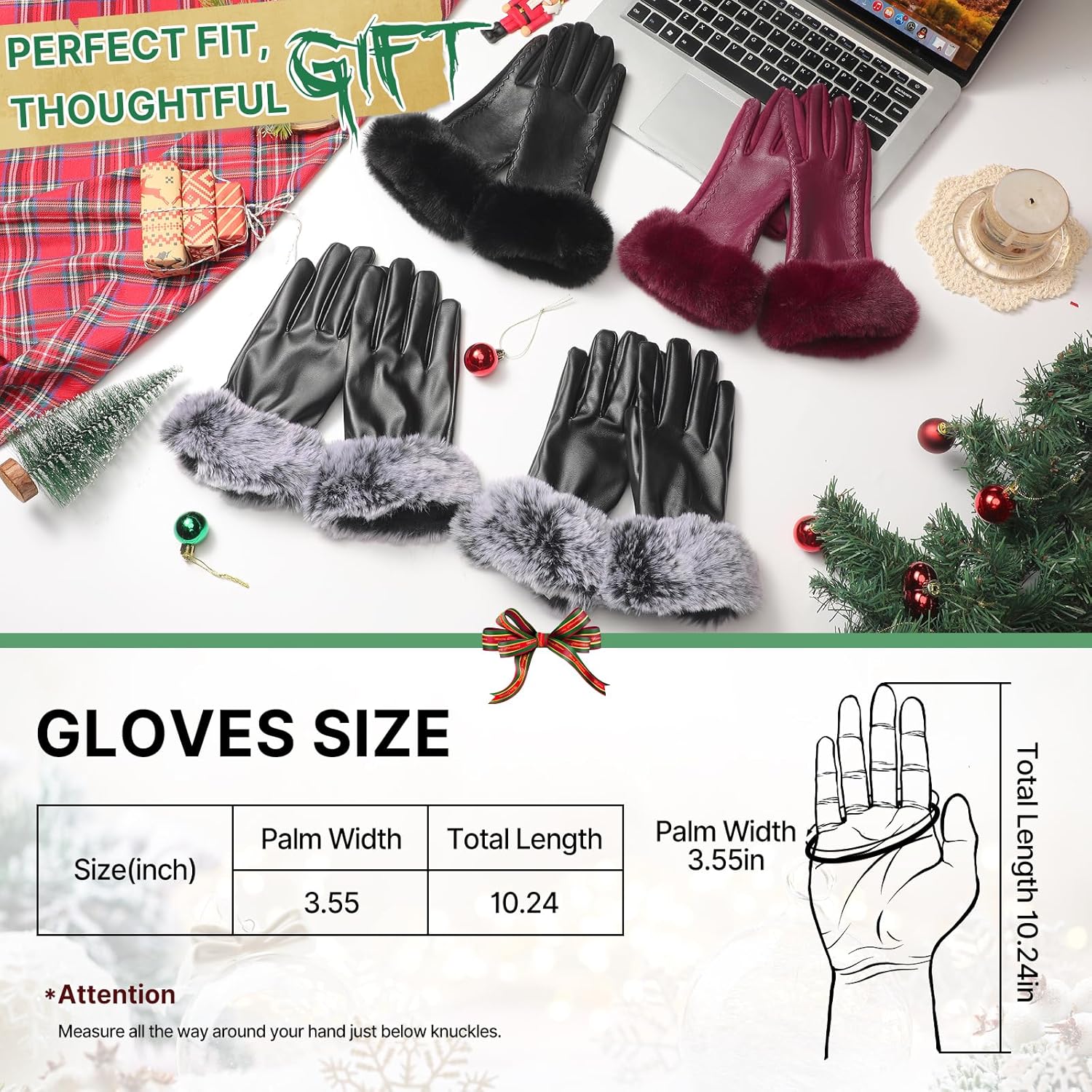 Leather Gloves for Women, Warm Winter Gloves Women with Plush Cuff, Touchscreen Womens Gloves for Cold Weather - Image 7