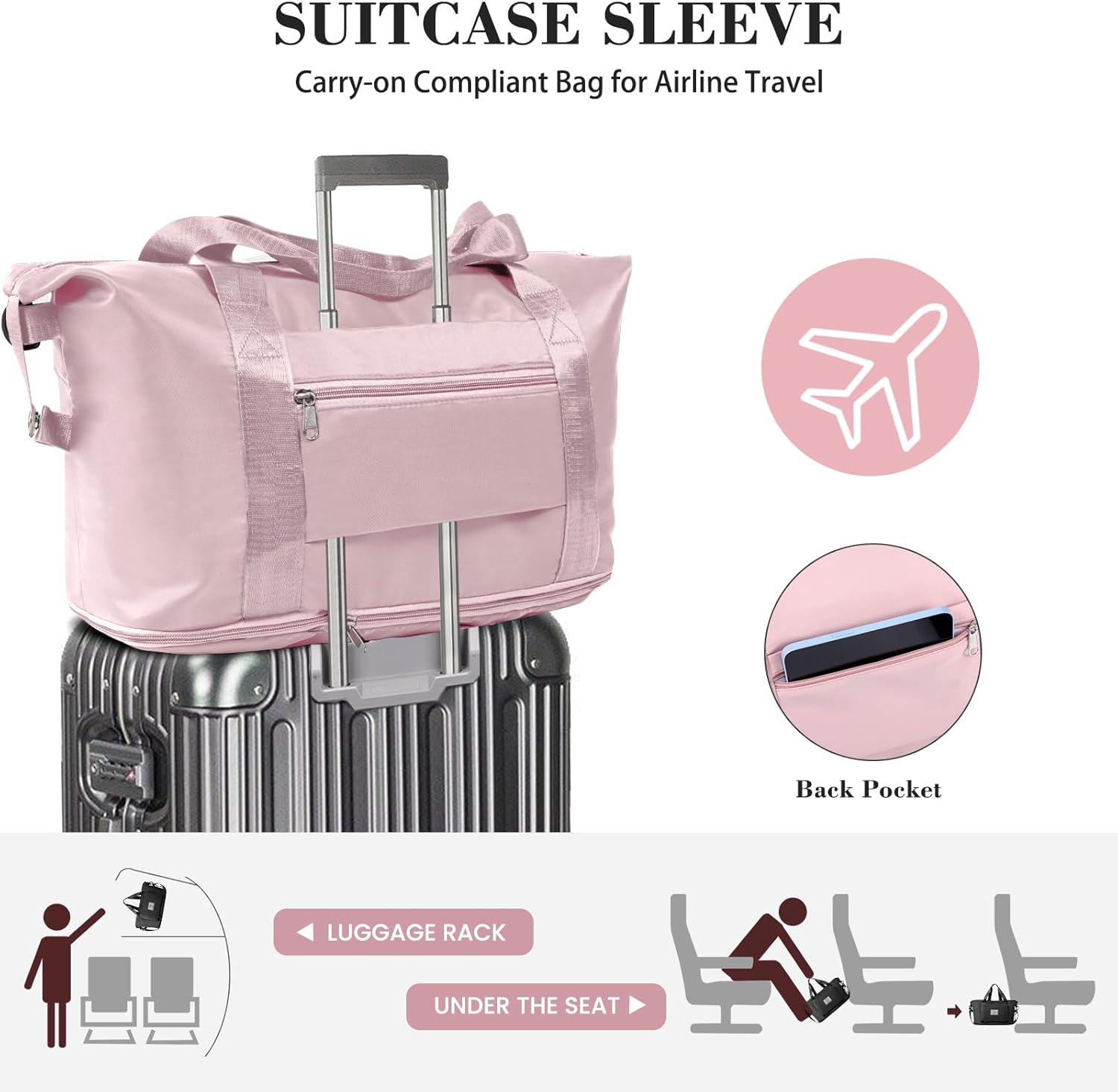 Travel Duffel Bag - Large Shoulder Weekender Overnight Bag, Carry on Bags with Wet Pocket, Waterproof Expandable Duffel Bags with Trolley Sleeve for Sports Travel Gym, Pink - Image 4