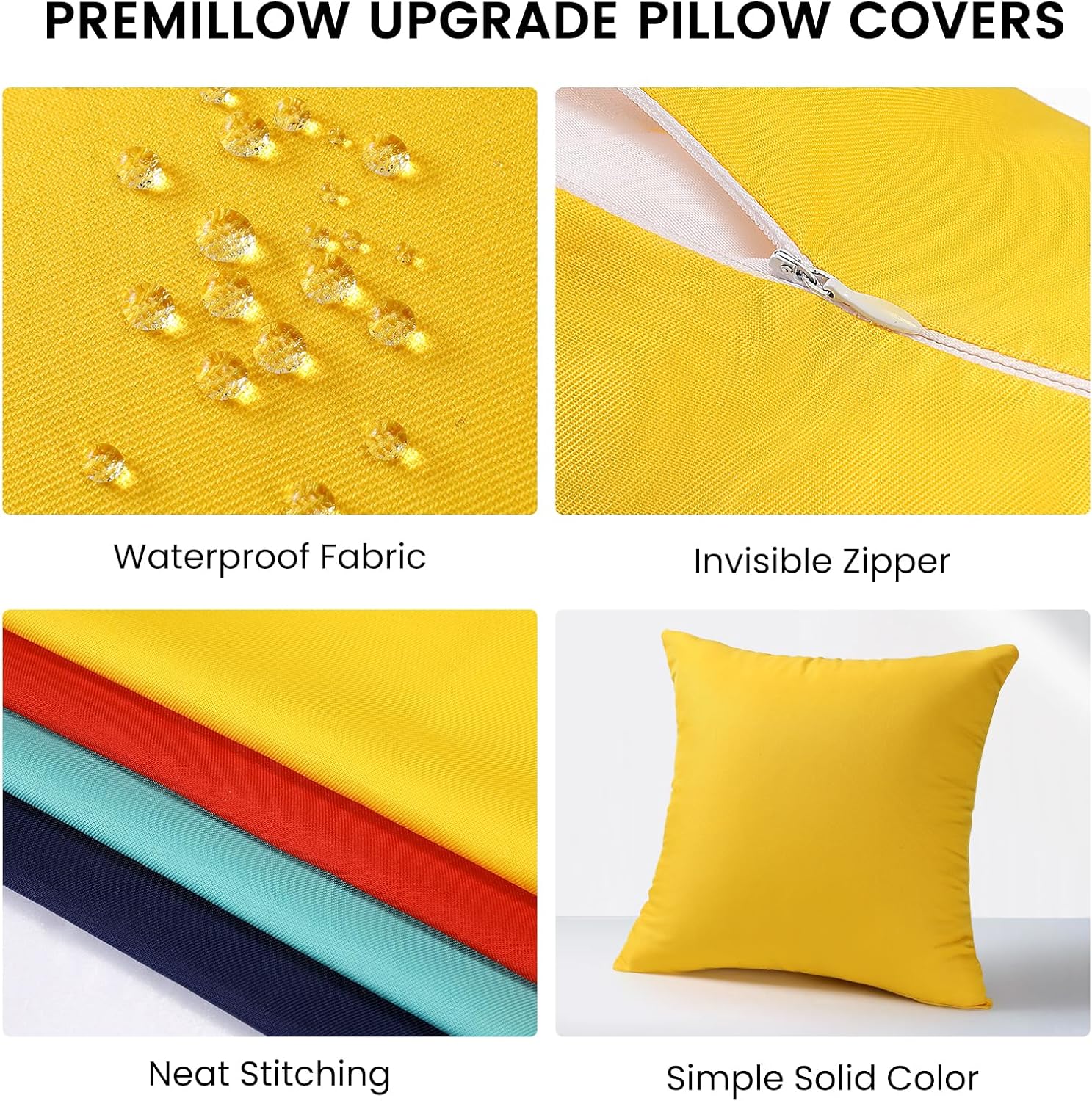 Outdoor Pillow Covers Set of 2, Decorative Farmhouse Waterproof Pillow Covers, Solid Linen Pillowcase Cushion Covers for Patio Garden Balcony Couch Sofa 18x18 inch, Yellow - Image 3