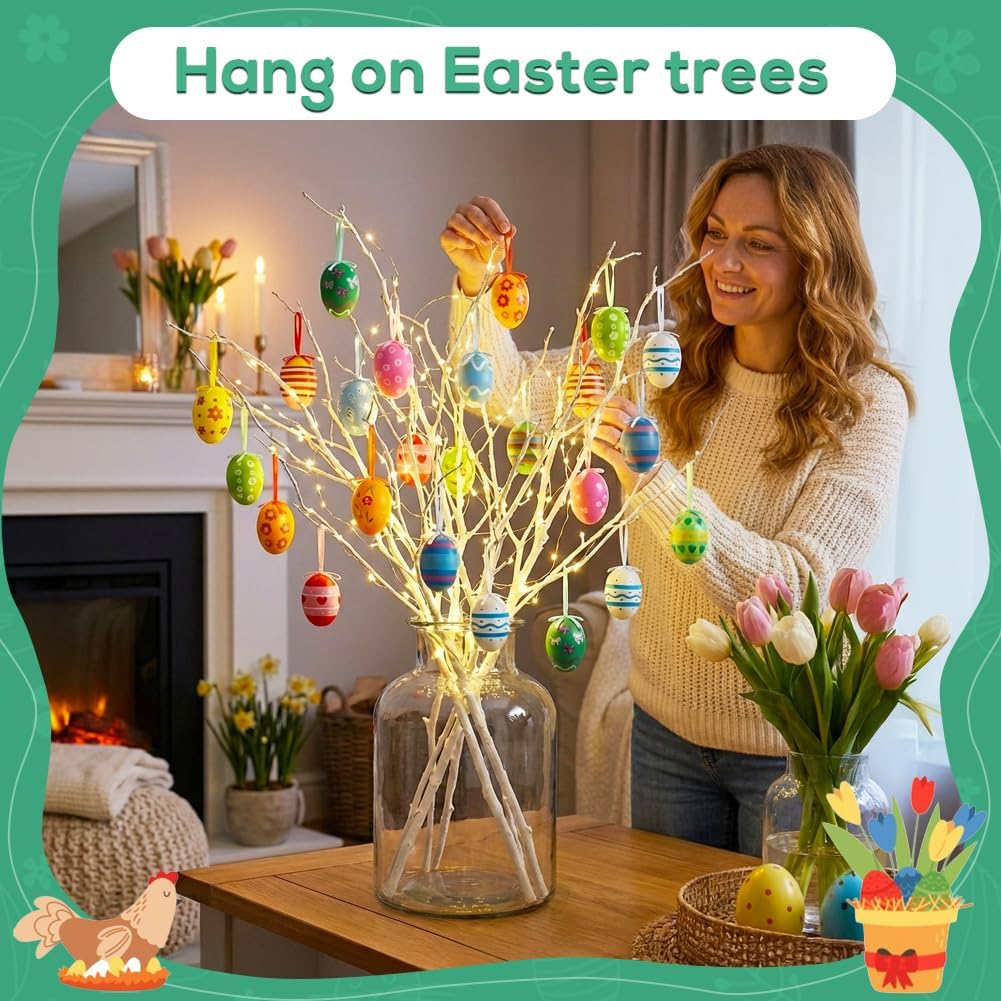 24PCS Hanging Easter Eggs – Reusable Plastic Easter Egg Decorations for Tree Ornaments, Basket, Party & Home Decor (5g Each, 4cm x 6cm) - Image 3