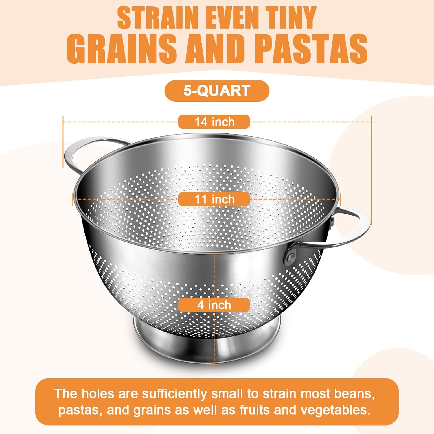 Stainless Steel Colander for Kitchen | 5 Quart Durable Rice and Pasta Strainer with Handle | Oversized Handles | Nesting Design | Rust-Resistant & Dishwasher Safe - Image 2