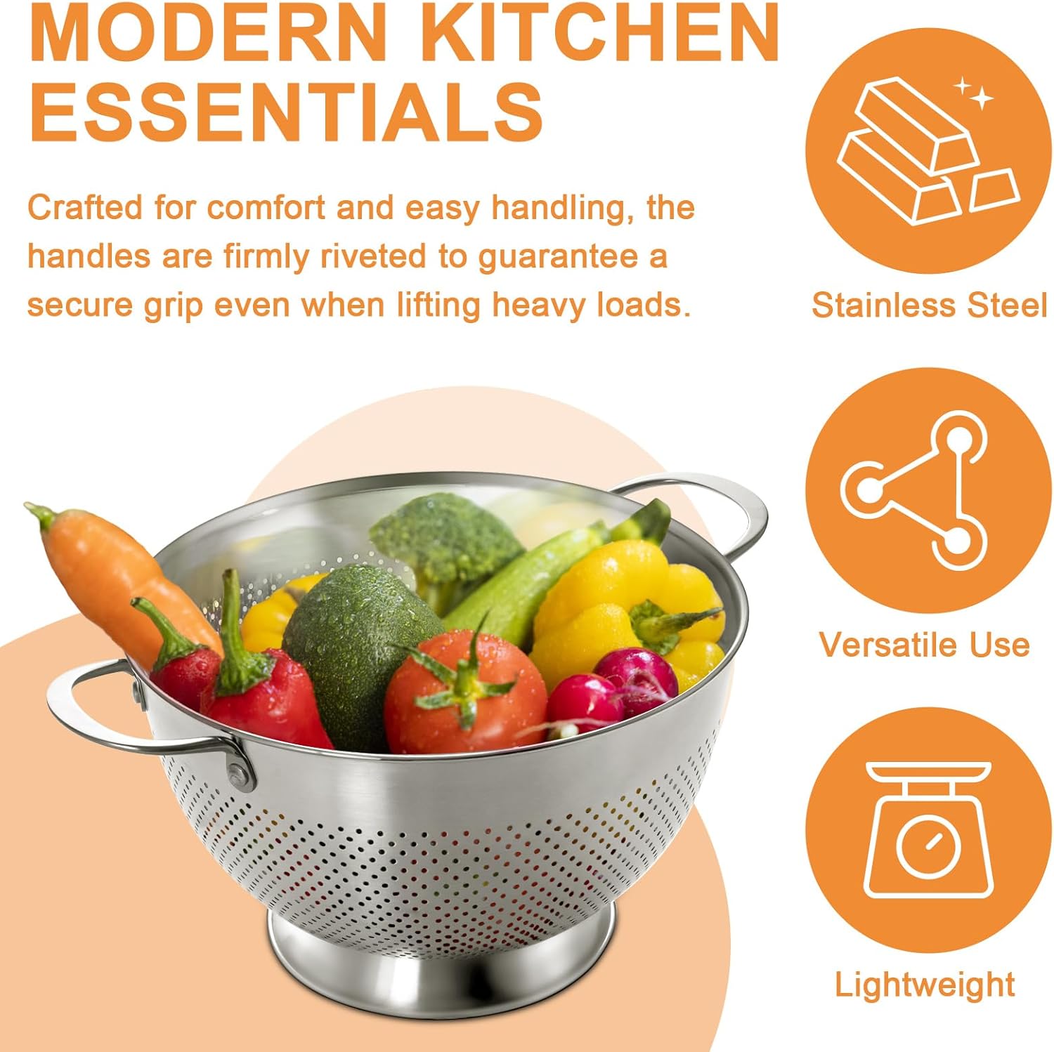 Stainless Steel Colander for Kitchen | 5 Quart Durable Rice and Pasta Strainer with Handle | Oversized Handles | Nesting Design | Rust-Resistant & Dishwasher Safe - Image 3