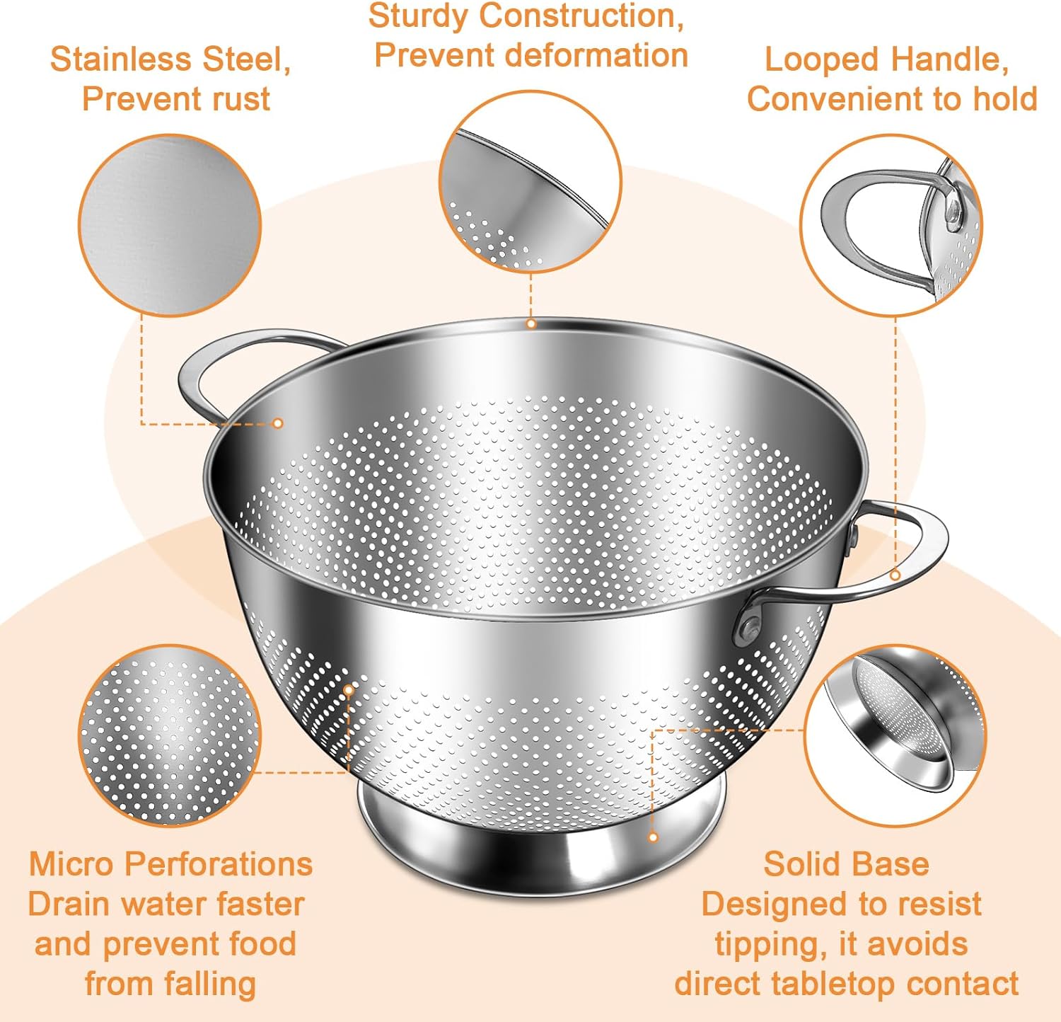 Stainless Steel Colander for Kitchen | 5 Quart Durable Rice and Pasta Strainer with Handle | Oversized Handles | Nesting Design | Rust-Resistant & Dishwasher Safe - Image 4
