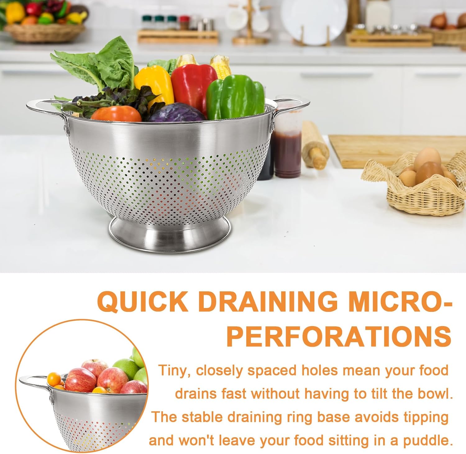 Stainless Steel Colander for Kitchen | 5 Quart Durable Rice and Pasta Strainer with Handle | Oversized Handles | Nesting Design | Rust-Resistant & Dishwasher Safe - Image 5