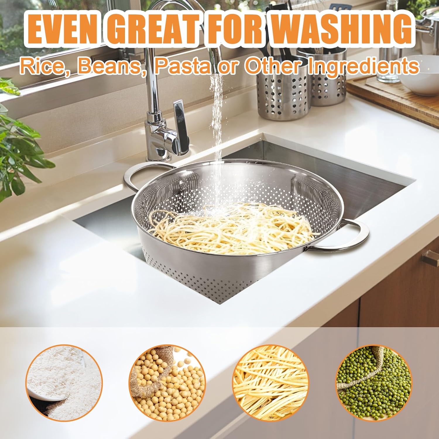 Stainless Steel Colander for Kitchen | 5 Quart Durable Rice and Pasta Strainer with Handle | Oversized Handles | Nesting Design | Rust-Resistant & Dishwasher Safe - Image 6