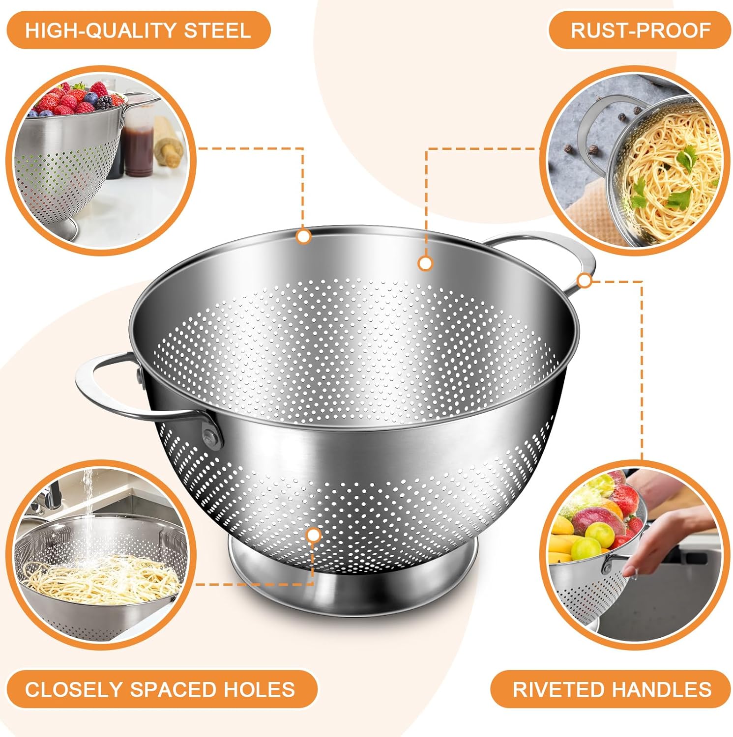 Stainless Steel Colander for Kitchen | 5 Quart Durable Rice and Pasta Strainer with Handle | Oversized Handles | Nesting Design | Rust-Resistant & Dishwasher Safe - Image 7