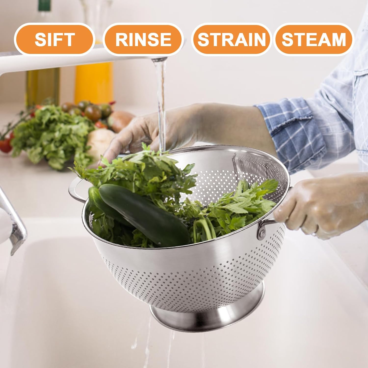 Stainless Steel Colander for Kitchen | 5 Quart Durable Rice and Pasta Strainer with Handle | Oversized Handles | Nesting Design | Rust-Resistant & Dishwasher Safe - Image 8