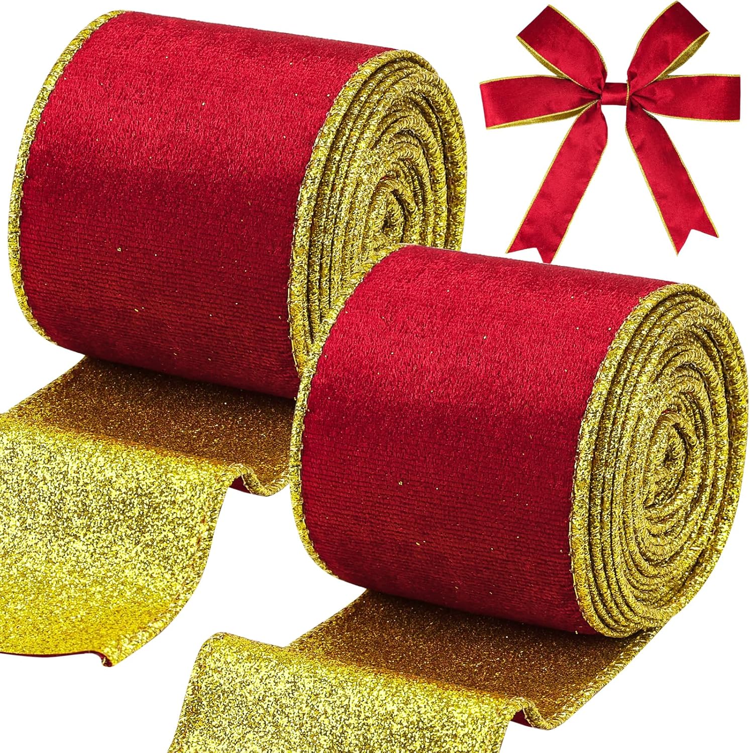 Red Velvet Wired Ribbon, Christmas Ribbon with Gold Metallic Glitter for Gift Wrapping Christmas Tree Decoration Topper Bows Making Wedding Decor Crafts Wreaths Supplies（2.5 Inch x 10 Yards） - Image 1