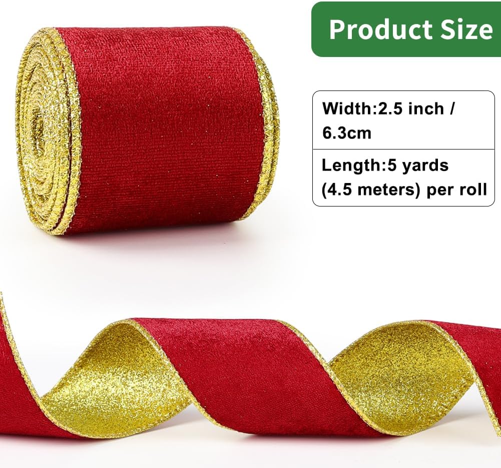 Red Velvet Wired Ribbon, Christmas Ribbon with Gold Metallic Glitter for Gift Wrapping Christmas Tree Decoration Topper Bows Making Wedding Decor Crafts Wreaths Supplies（2.5 Inch x 10 Yards） - Image 2