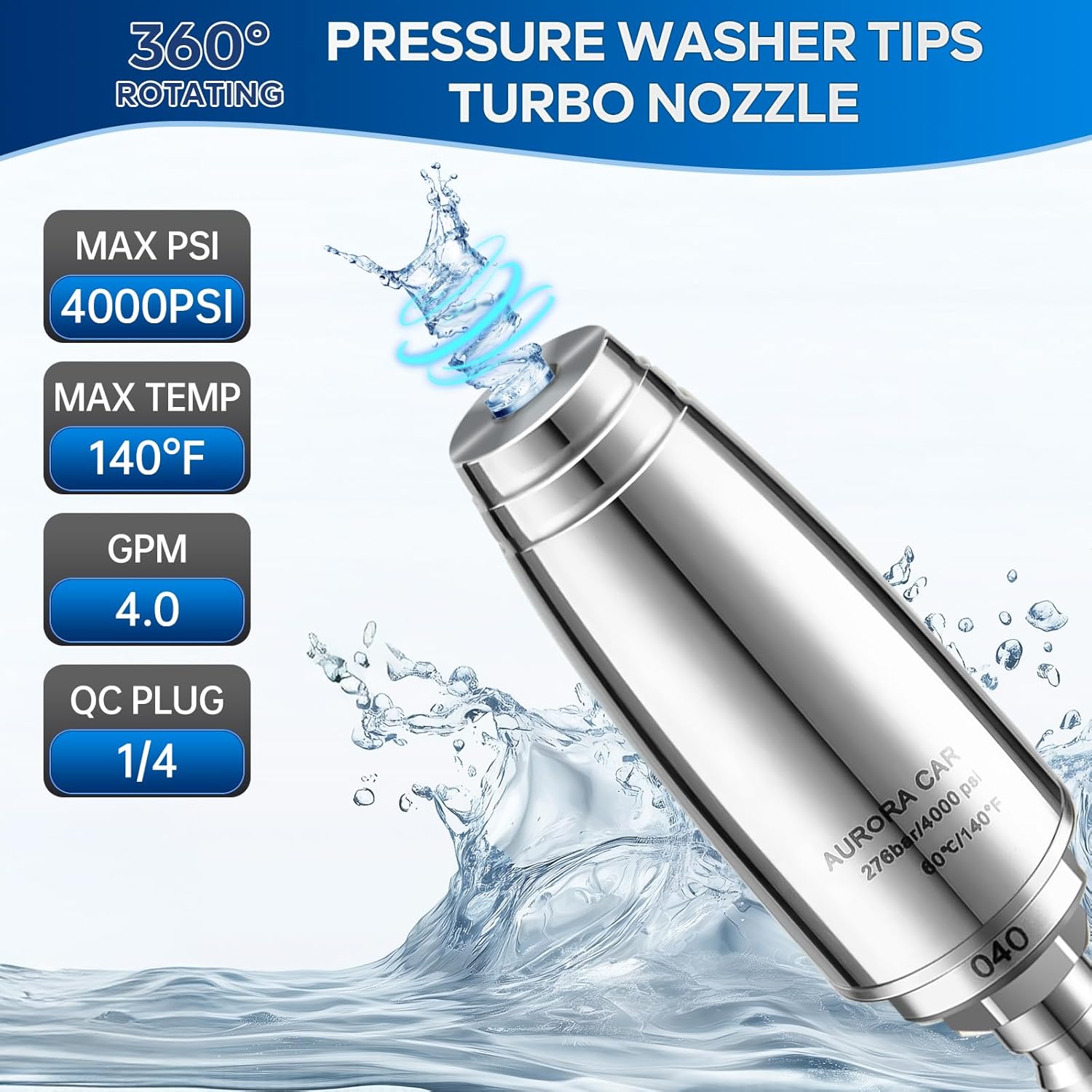 Stainless Steel Pressure Washer Tips Turbo Nozzle 4000 PSI Pressure Washer Rotating Turbo Nozzle, 360° Rotating Pressure Washer Nozzle with 1/4'' Quick Connect, 4.0 GPM 4.0 Orifice - Image 2