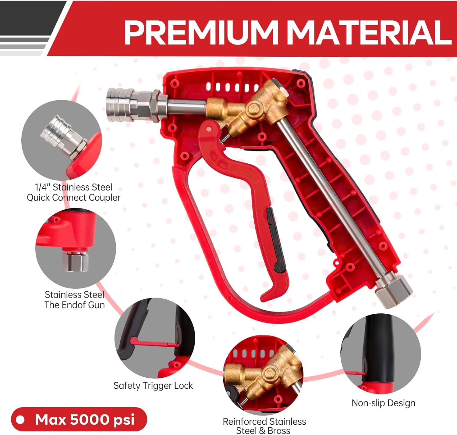 Short Pressure Washer Gun 5000PSI，High Pressure Washer Gun with 5 Spray Nozzle Tips, 3/8