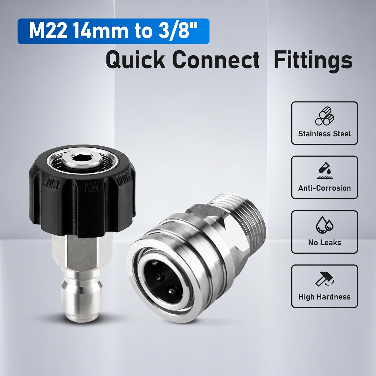 Pressure Washer Adapter Set, Stainless Steel Pressure Washer Quick Connect Kit, M22 14mm to 3/8