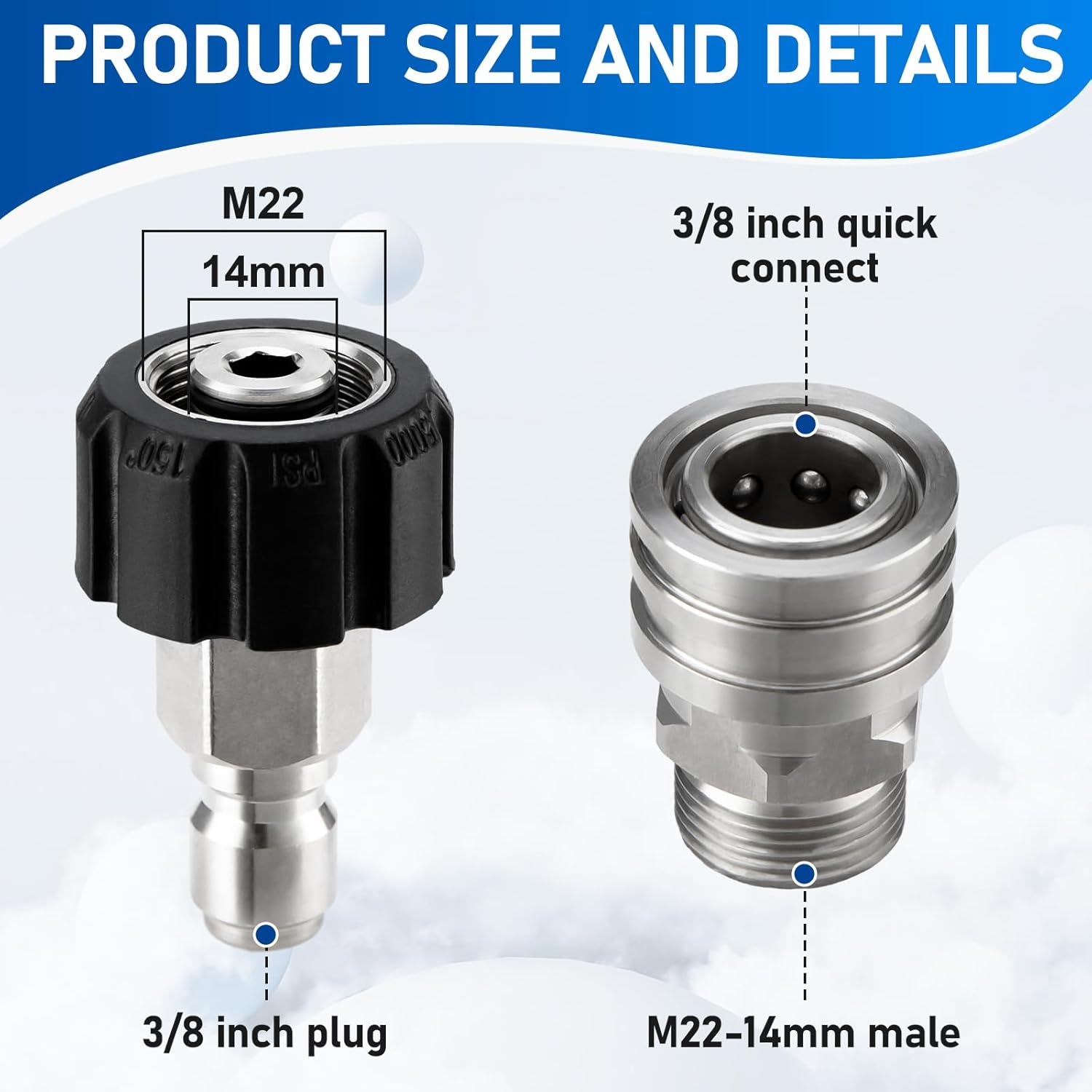Pressure Washer Adapter Set, Stainless Steel Pressure Washer Quick Connect Kit, M22 14mm to 3/8