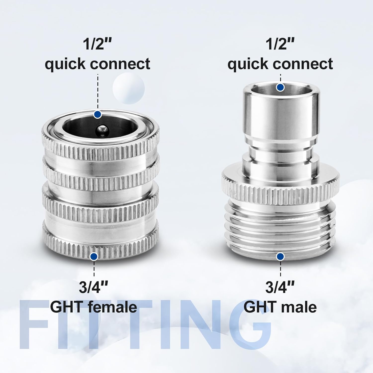 Quick Connect Hose Fittings, 3/4 Inch GHT Garden Hose Quick Connect Set, Stainless Steel Water Hose Fitting, 2 Pack - Image 2