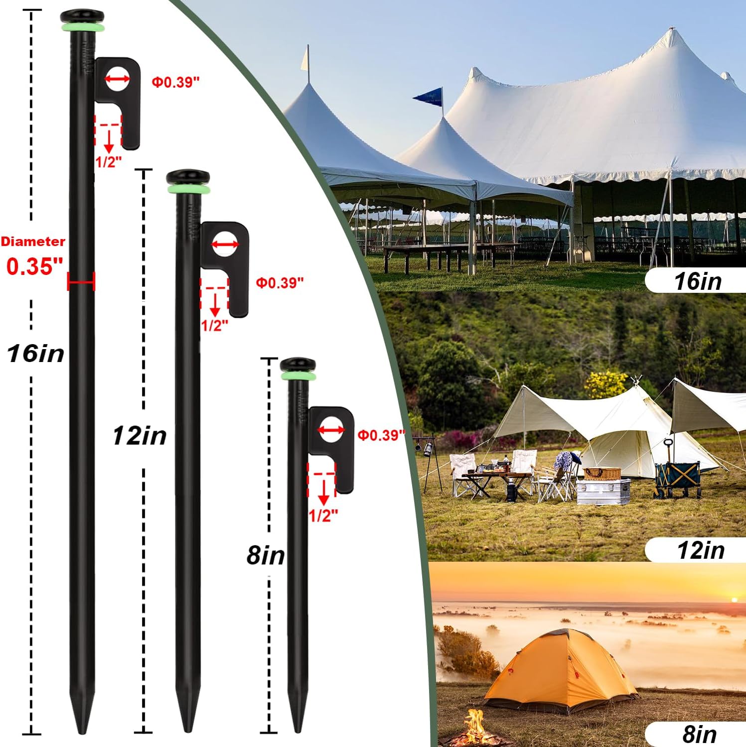 20Pcs Tent Stakes, 16in Heavy Duty Tent Stakes, Dia 0.35