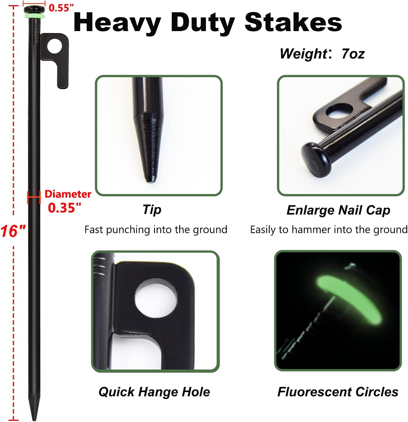 20Pcs Tent Stakes, 16in Heavy Duty Tent Stakes, Dia 0.35