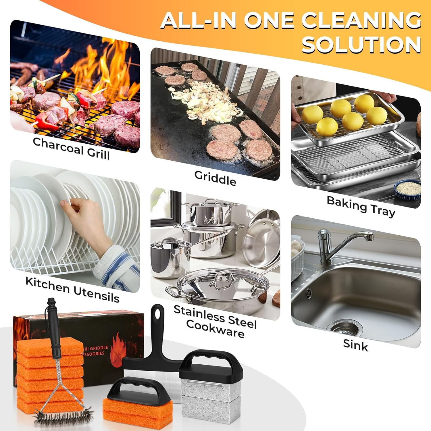 Griddle Cleaning Kit for Blackstone, Flat Top Grill Accessories Cleaner Tool Set Grill Stone, Griddle Scraper, Scouring Pad and Handles, Multifunctional Griddle Accessories Easy to Remove Stain - Image 8