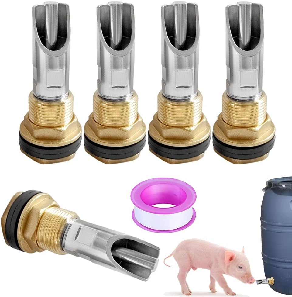 5PCS 1/2 Stainless Steel Automatic Pig Nipple Water Drinker Feeder Waterer + 5PCS 1/2 Female to 3/4 Male Brass Water Tank Connector Bulkhead Fitting Kit for Sows Piglets Drinking - Image 1