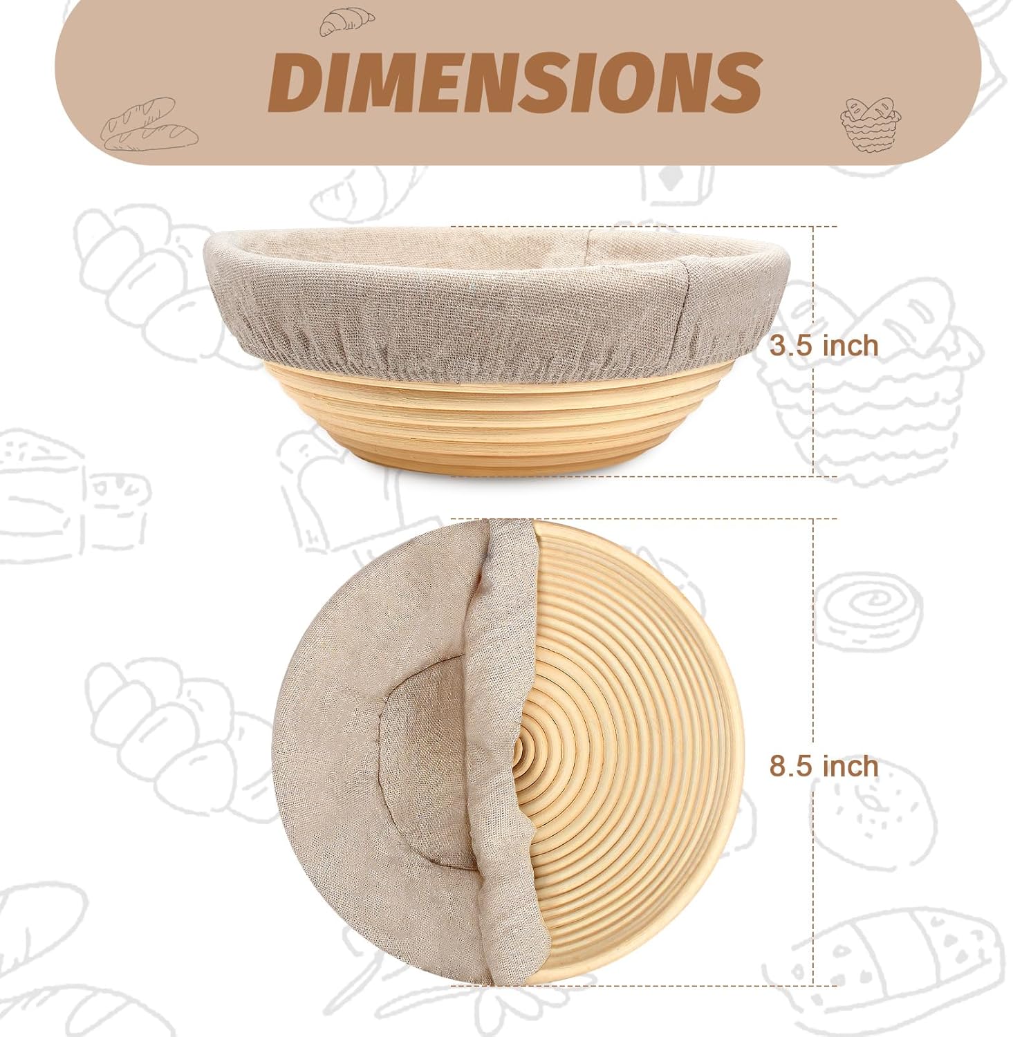 Sourdough Proofing Basket Gift Set of 2 Round Dough Proofing Bowls for Sour Dough Bread Baking Supplies, Proofing Basket or Home Sourdough Bakers Baking, 8.5 inch - Image 3