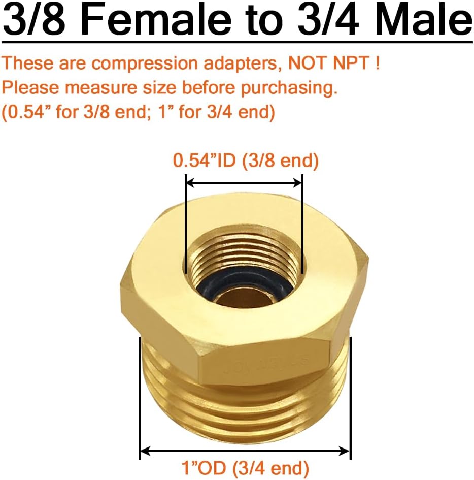 4PCS 3/4 GHT Male to 3/8 Compression Female Bushing Pipe Fitting, Brass Reducer Faucet Connector Water Hose Adapter, Garden Hose to Supply Line Adapter for RV Kitchen Bathroom Plumbing - Image 2