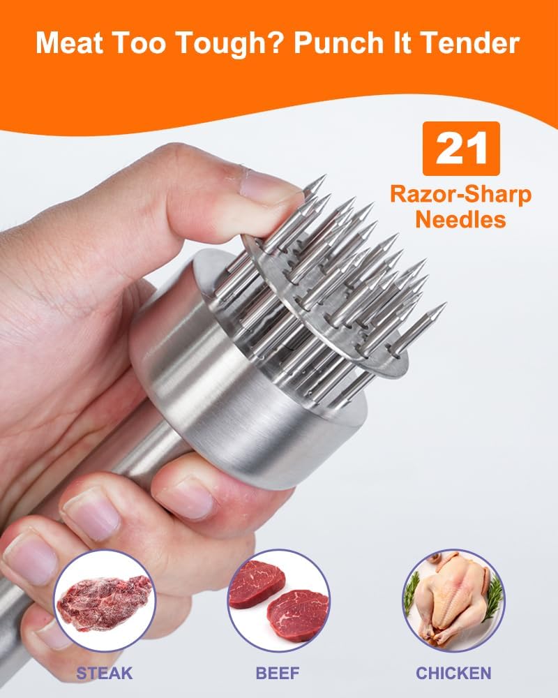 Meat Tenderizer Tool, 304 Stainless Steel, with 21 Needles & Retractable Safety Guard, for Tenderizing Beef, Turkey, Chicken, Steak, Dishwasher Safe - Image 3