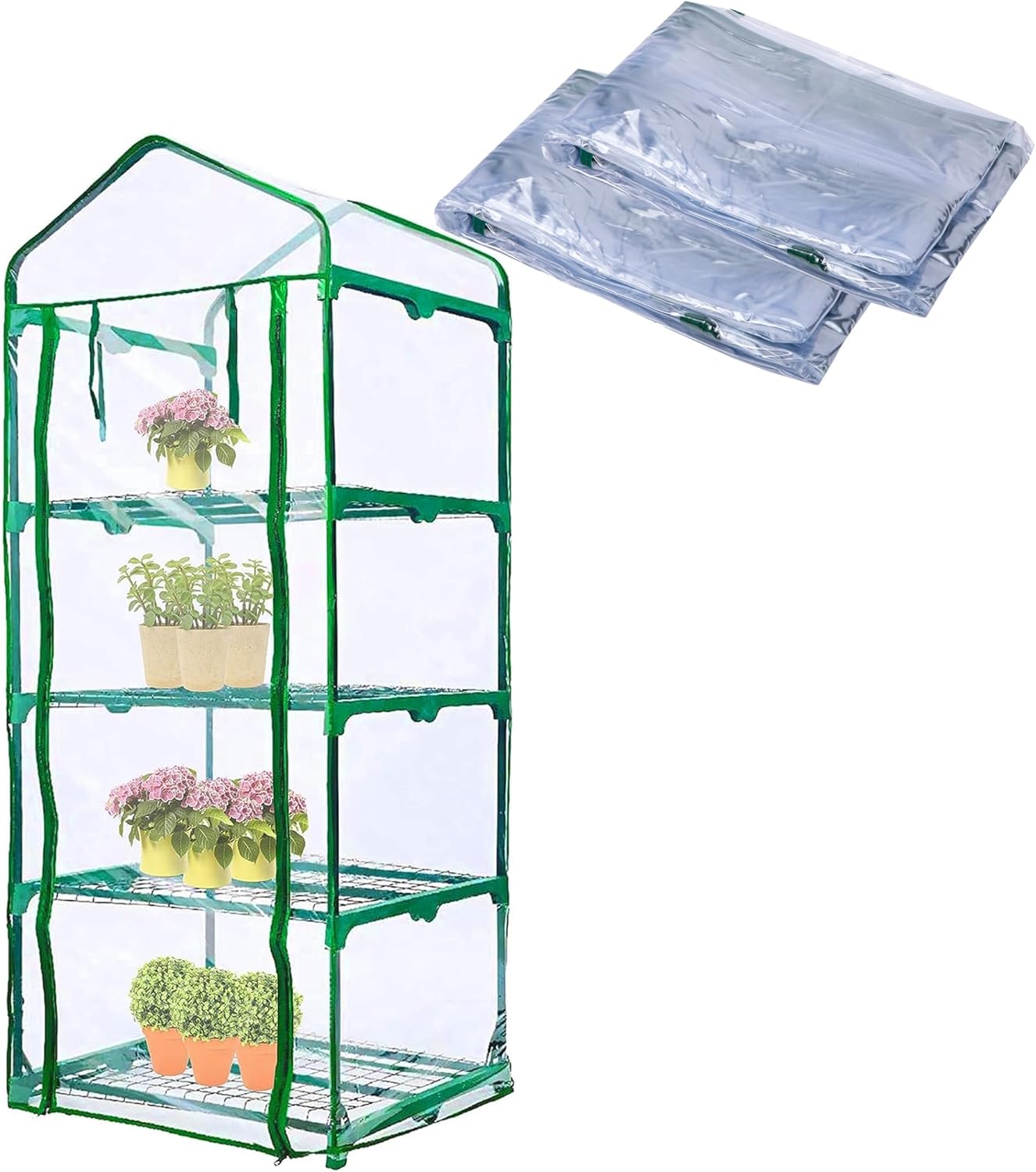2 Pcs 4 Tier Greenhouse Replacement Cover- 27 x 19 x 63 Inch Clear PVC Plant Greenhouse Cover with Roll-Up Zipper Door for Gardening Plants Flowers (Frame Not Include) - Image 1