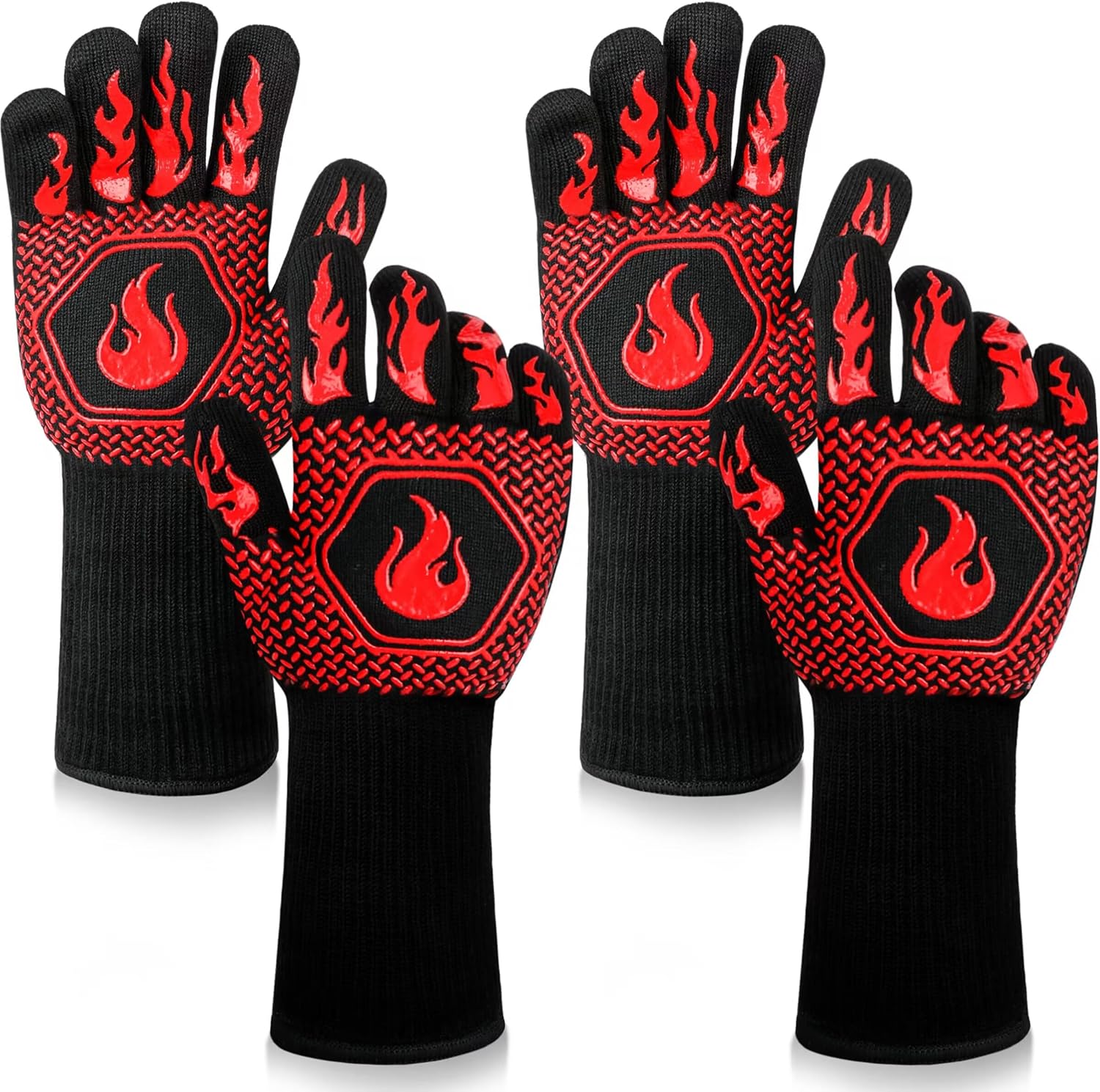 BBQ Fireproof Gloves, Grill Cut-Resistant Gloves 1472°F Heat Resistant Gloves, Non-Slip Silicone Oven Gloves, Kitchen Safe Cooking Gloves for Oven Mitts,Barbecue,Cooking, Frying, Red（2 Pairs） - Image 1