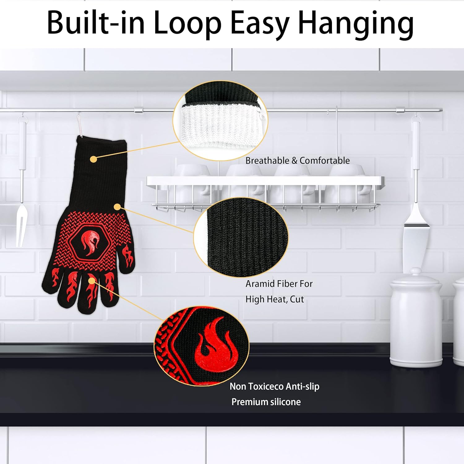 BBQ Fireproof Gloves, Grill Cut-Resistant Gloves 1472°F Heat Resistant Gloves, Non-Slip Silicone Oven Gloves, Kitchen Safe Cooking Gloves for Oven Mitts,Barbecue,Cooking, Frying, Red（2 Pairs） - Image 3