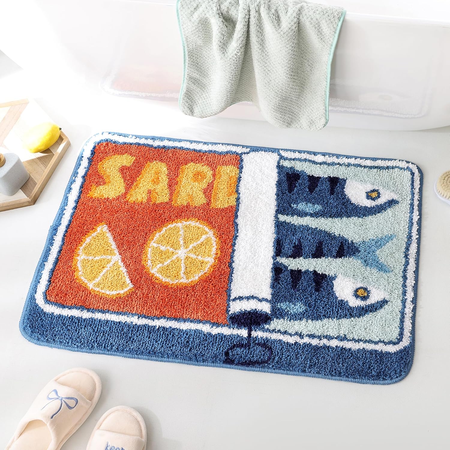 Sardine Can Bath Mat, Blue Bathroom Rugs for Bedroom, Soft Washable Rug Non Slip Cute Kitchen Bath Mats for Bathroom Funny Cartoon Fish and Lemon - Image 1