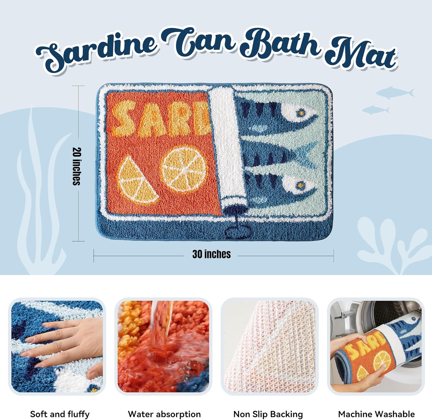 Sardine Can Bath Mat, Blue Bathroom Rugs for Bedroom, Soft Washable Rug Non Slip Cute Kitchen Bath Mats for Bathroom Funny Cartoon Fish and Lemon - Image 2