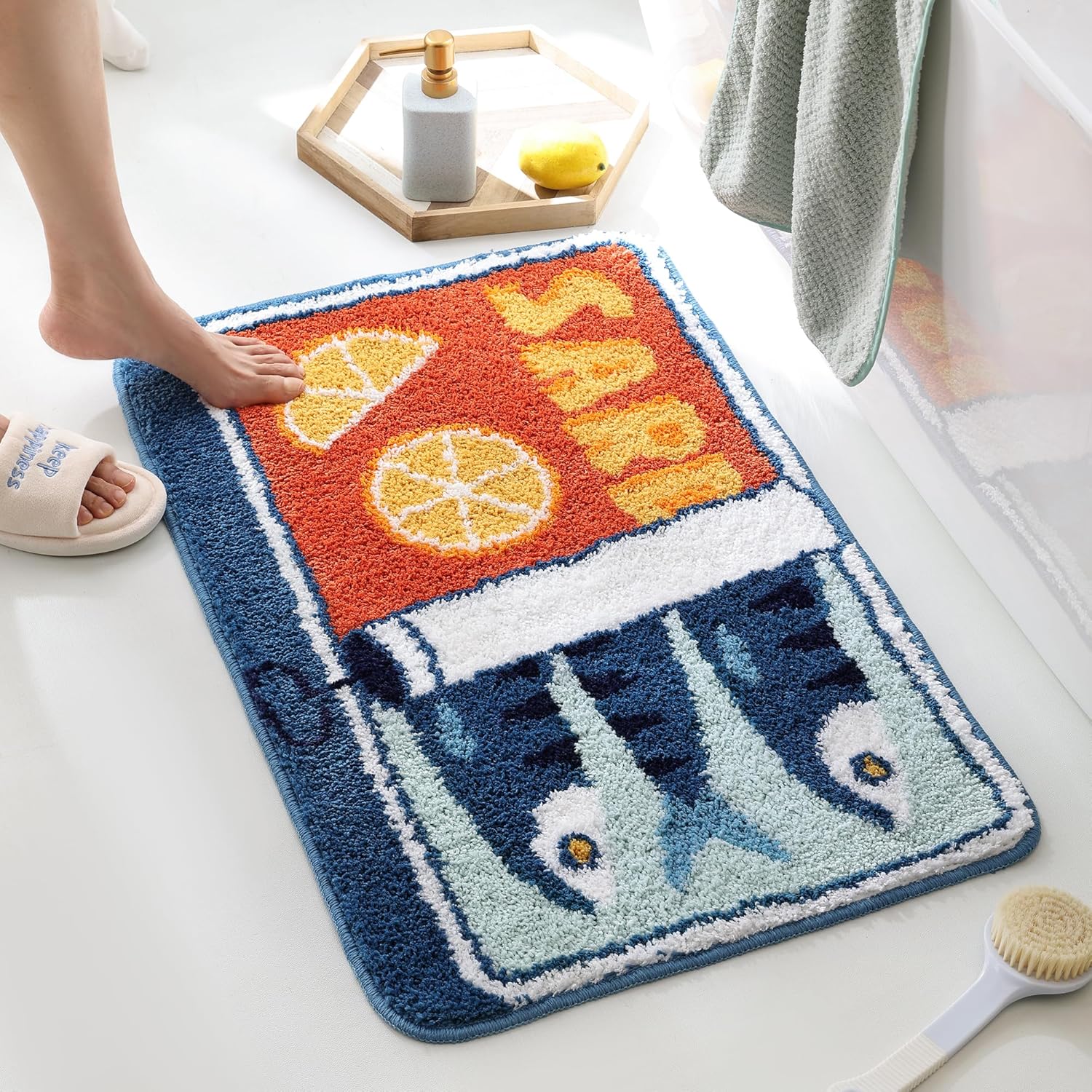 Sardine Can Bath Mat, Blue Bathroom Rugs for Bedroom, Soft Washable Rug Non Slip Cute Kitchen Bath Mats for Bathroom Funny Cartoon Fish and Lemon - Image 4