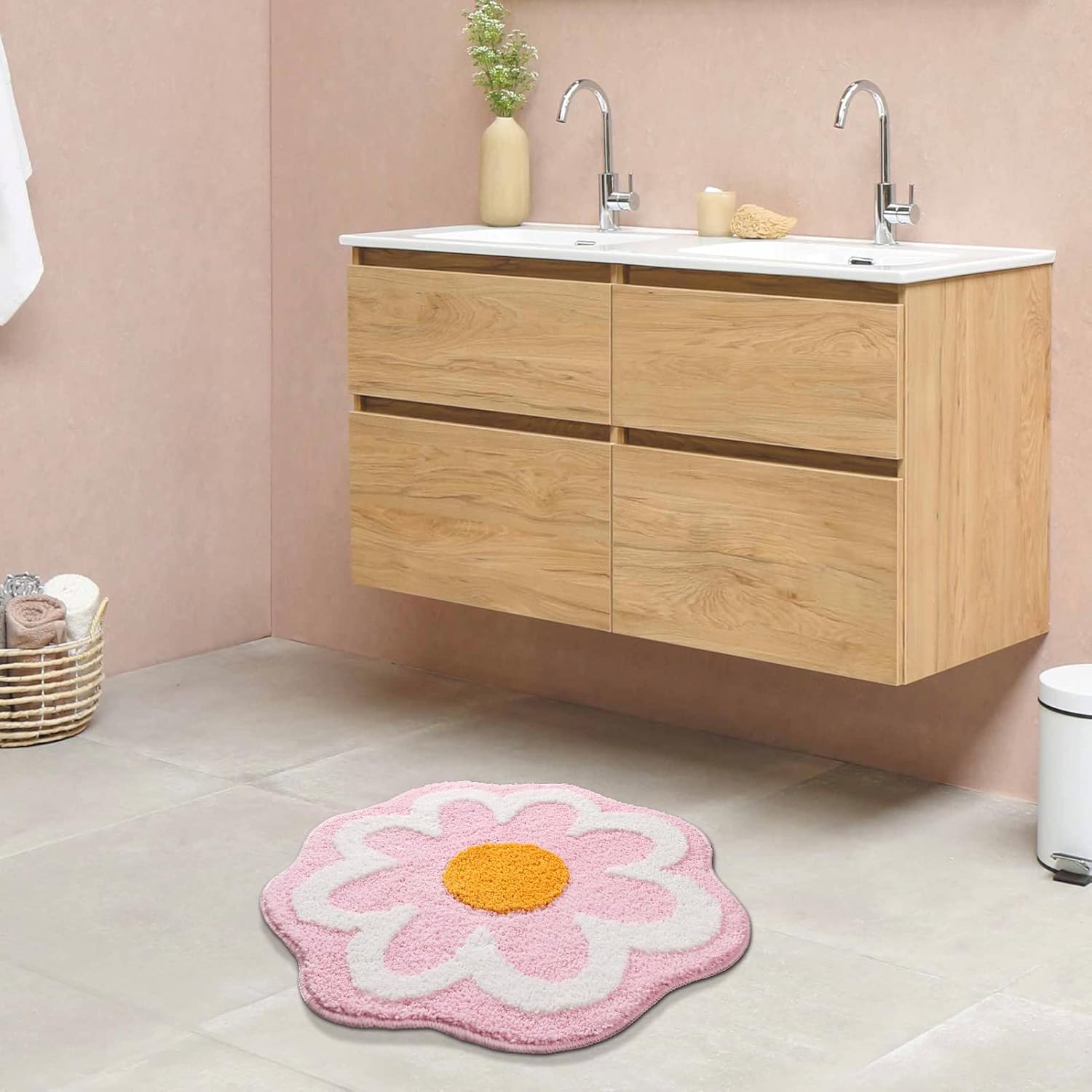 Cute Pink Flower Bath Mat, Machine Washable Bath Rug, Ultra Soft and Fluffy Bathroom Mat, Small Round Non-Slip Water Absorbent Bath Mats for Bathroom Floor, Shower Room and Bathtub - Image 4