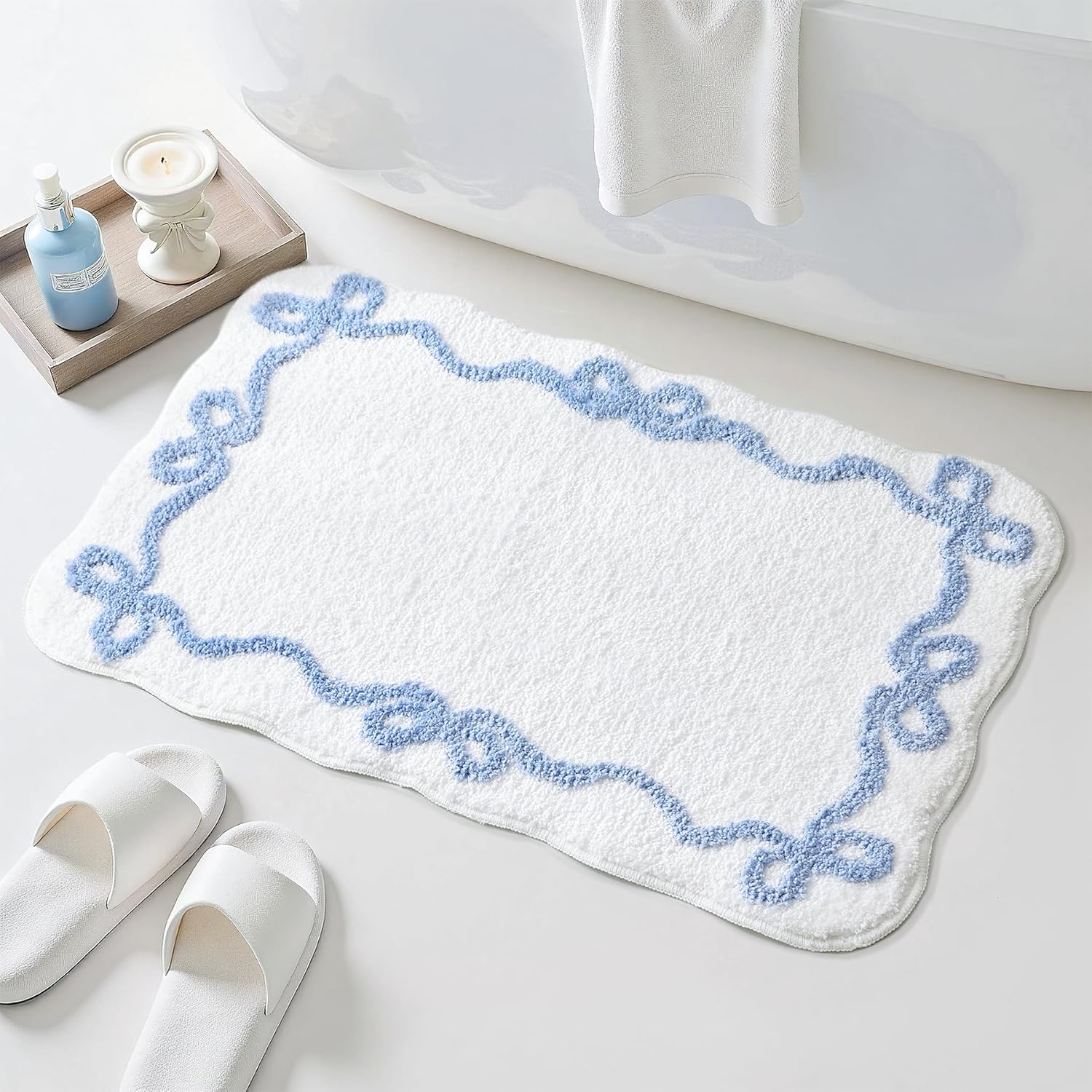 Blue Scalloped Bath Mat - Cute Bow Bathroom Rugs Small Non Slip Bath Mat, Soft & Absorbent Bath Rugs for Bathroom Decor, Tub, Vanity Floor - Image 1