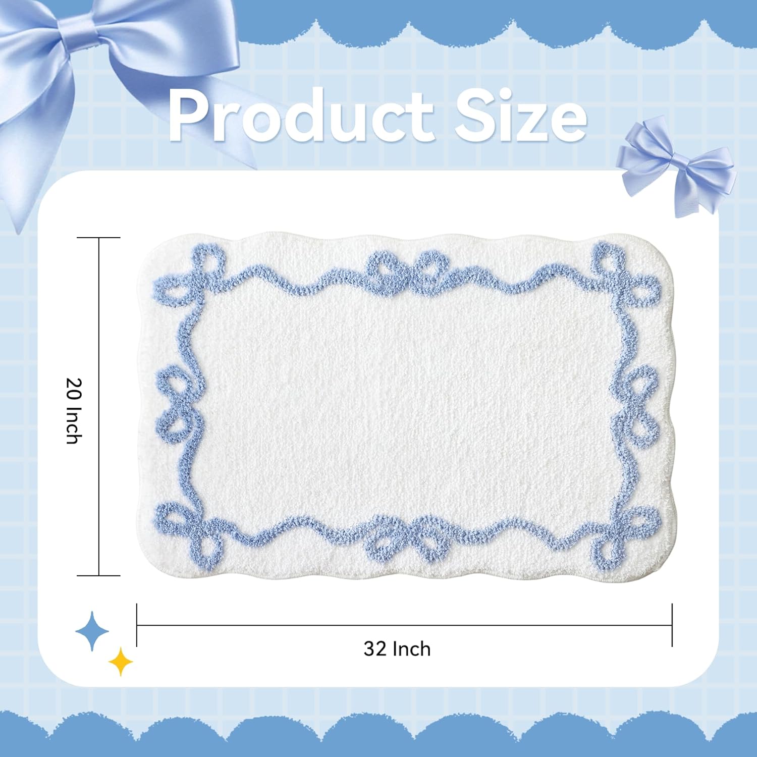 Blue Scalloped Bath Mat - Cute Bow Bathroom Rugs Small Non Slip Bath Mat, Soft & Absorbent Bath Rugs for Bathroom Decor, Tub, Vanity Floor - Image 2