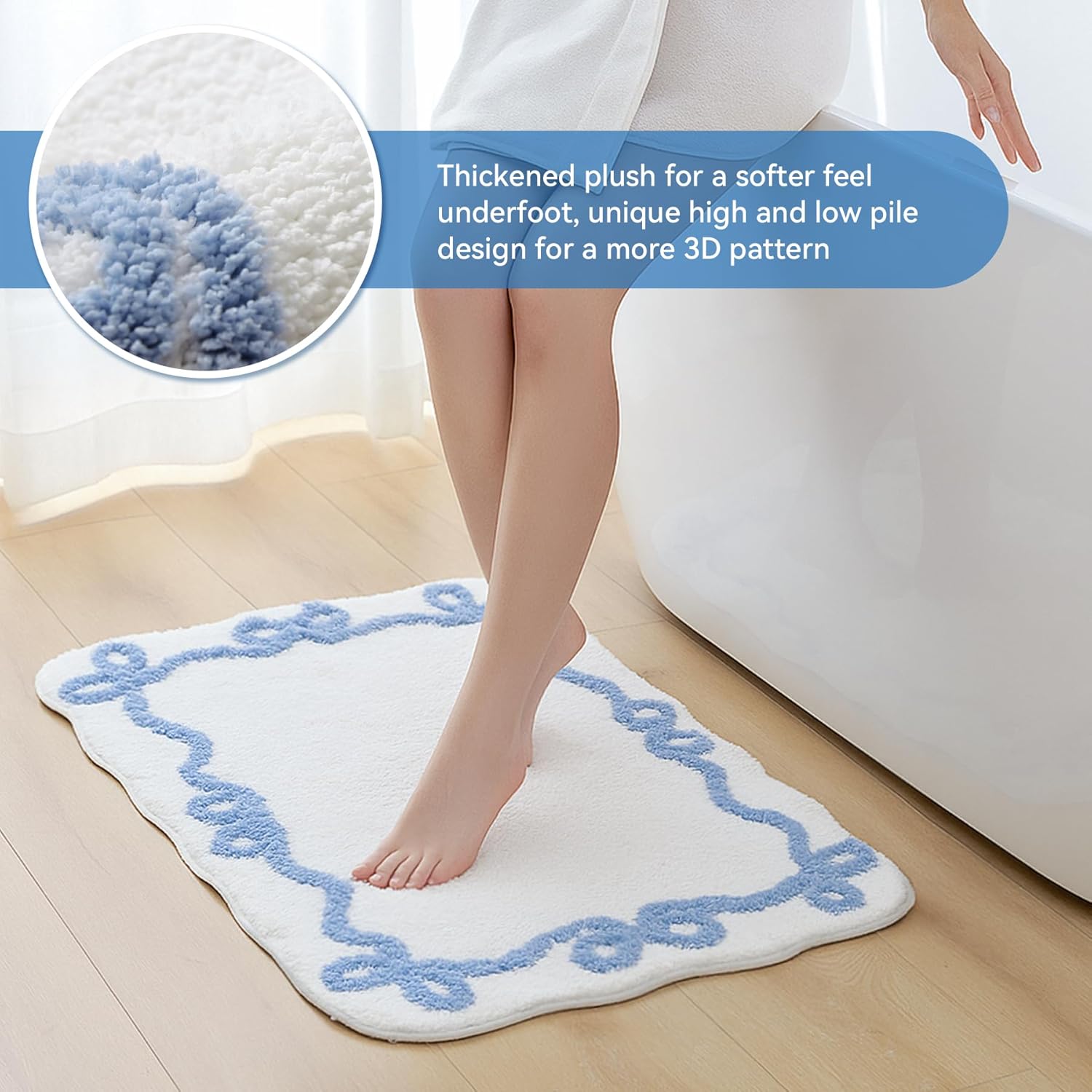 Blue Scalloped Bath Mat - Cute Bow Bathroom Rugs Small Non Slip Bath Mat, Soft & Absorbent Bath Rugs for Bathroom Decor, Tub, Vanity Floor - Image 3