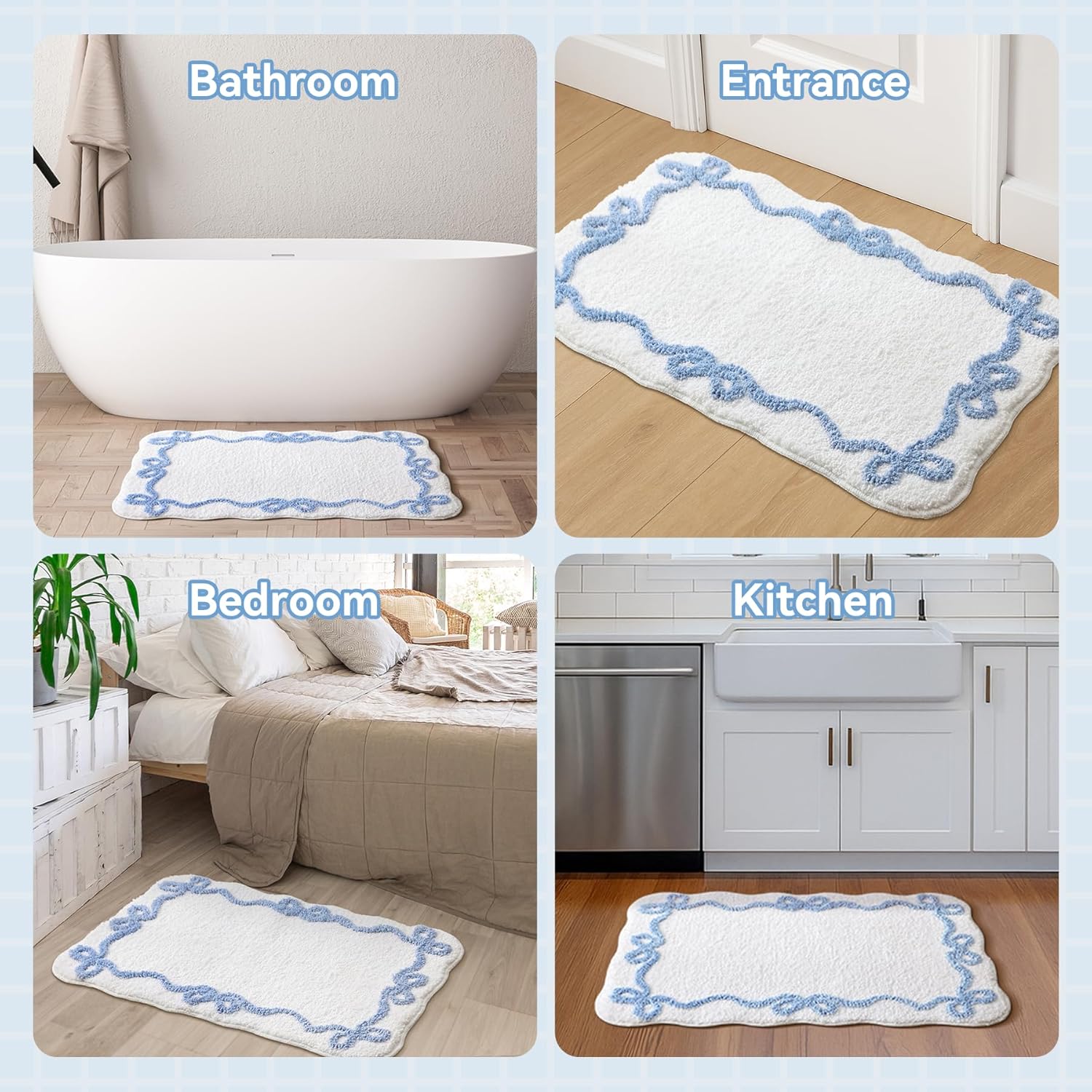 Blue Scalloped Bath Mat - Cute Bow Bathroom Rugs Small Non Slip Bath Mat, Soft & Absorbent Bath Rugs for Bathroom Decor, Tub, Vanity Floor - Image 8