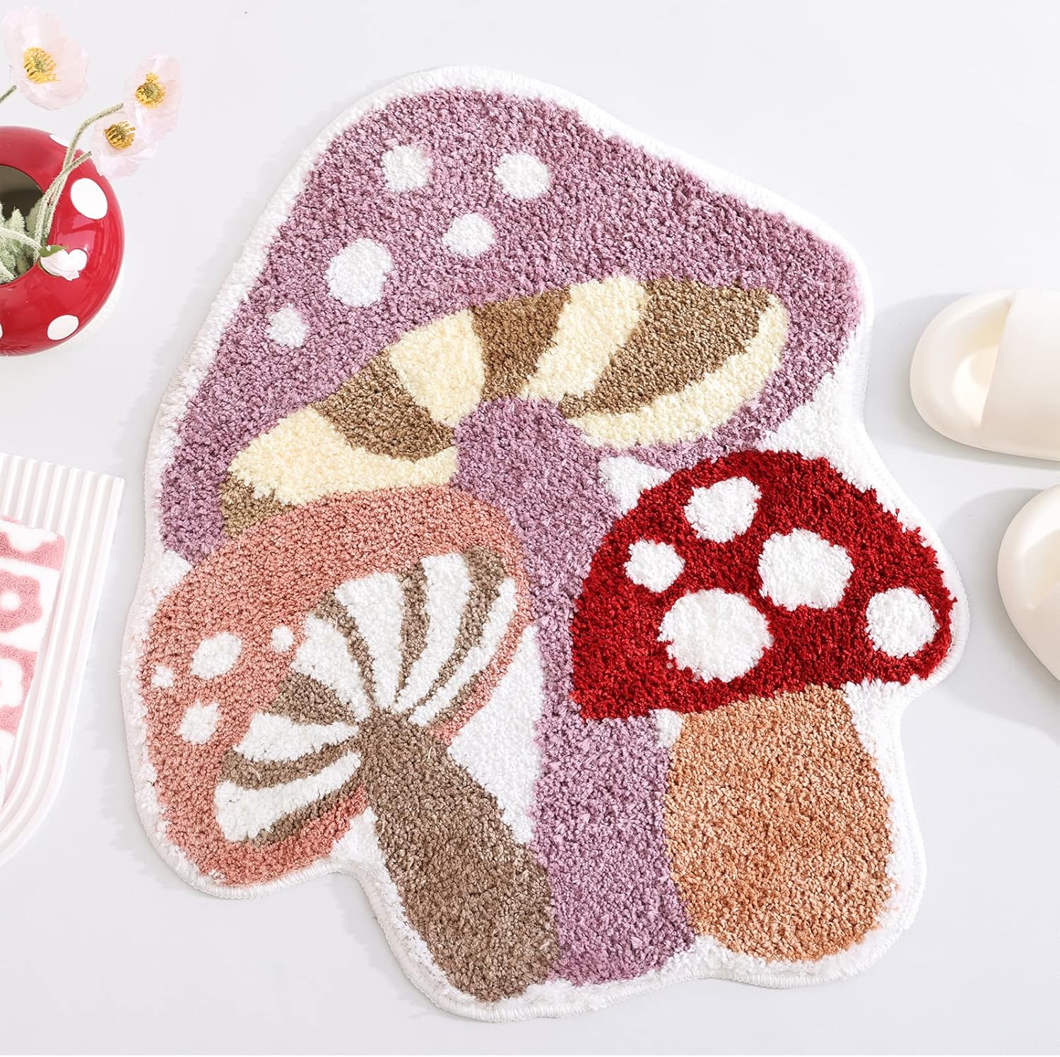 Cute Non Slip Kids Bath Mat - Strong Absorbent Soft Washable Purple Mushroom Boho Bath Rug for Tub, Shower & Bathroom - Image 1