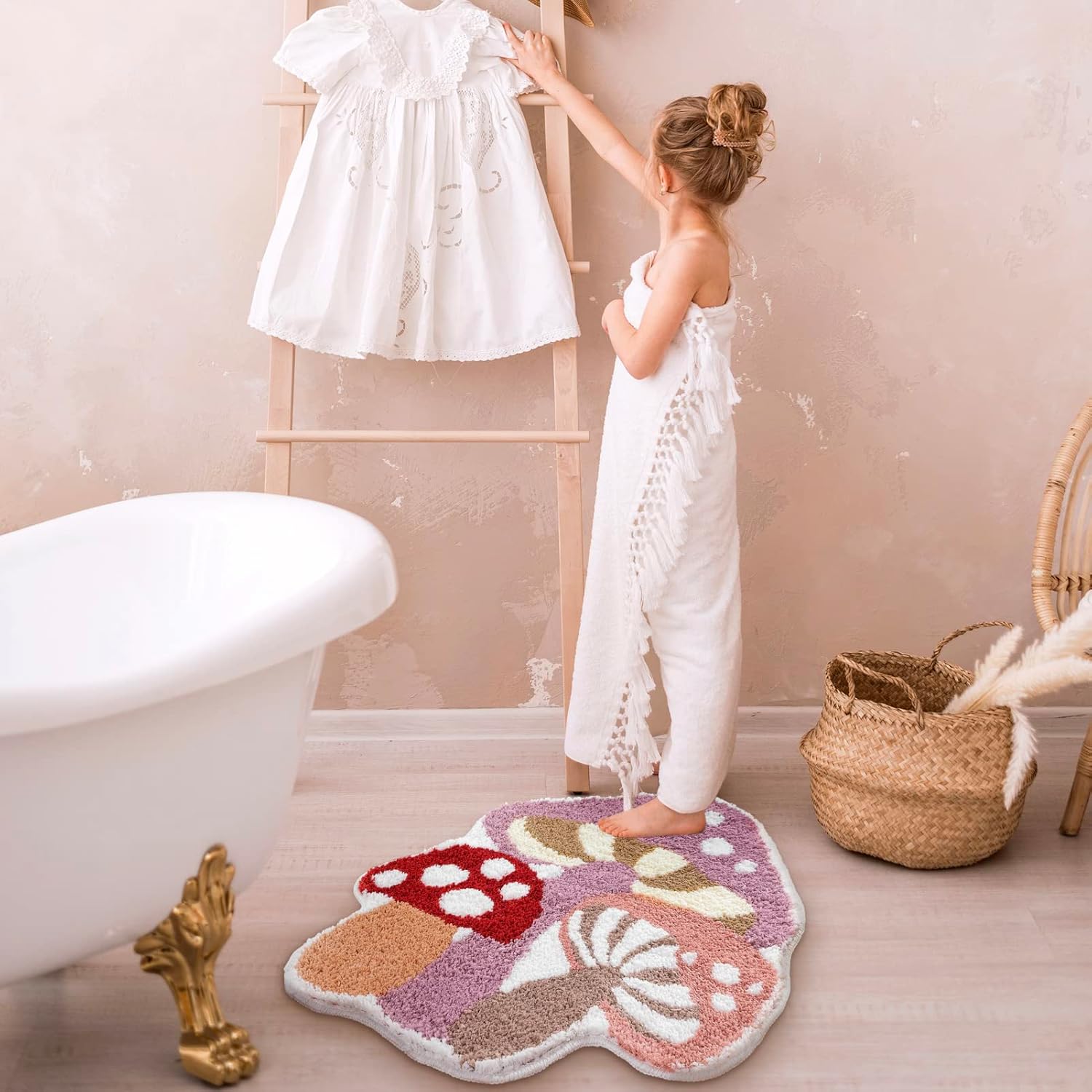 Cute Non Slip Kids Bath Mat - Strong Absorbent Soft Washable Purple Mushroom Boho Bath Rug for Tub, Shower & Bathroom - Image 3