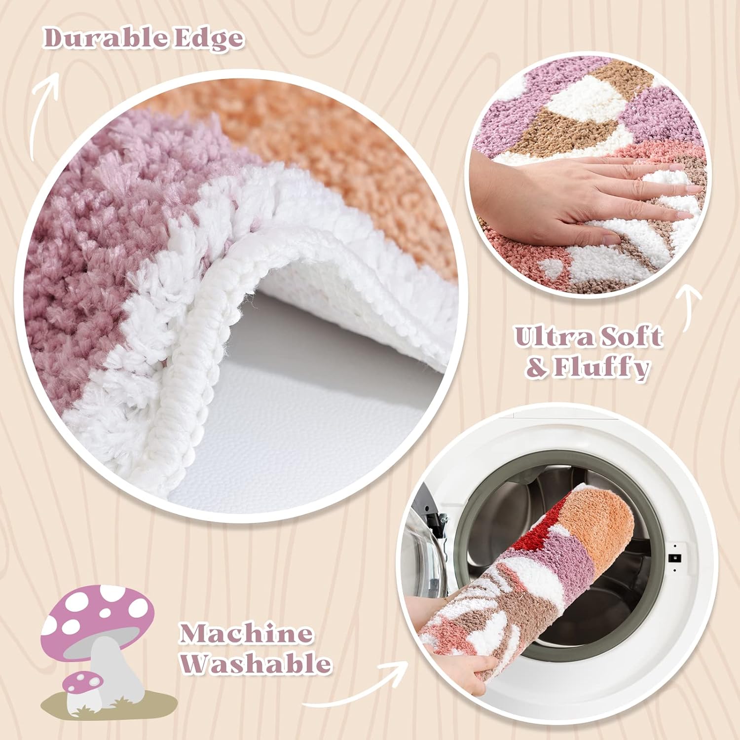 Cute Non Slip Kids Bath Mat - Strong Absorbent Soft Washable Purple Mushroom Boho Bath Rug for Tub, Shower & Bathroom - Image 6