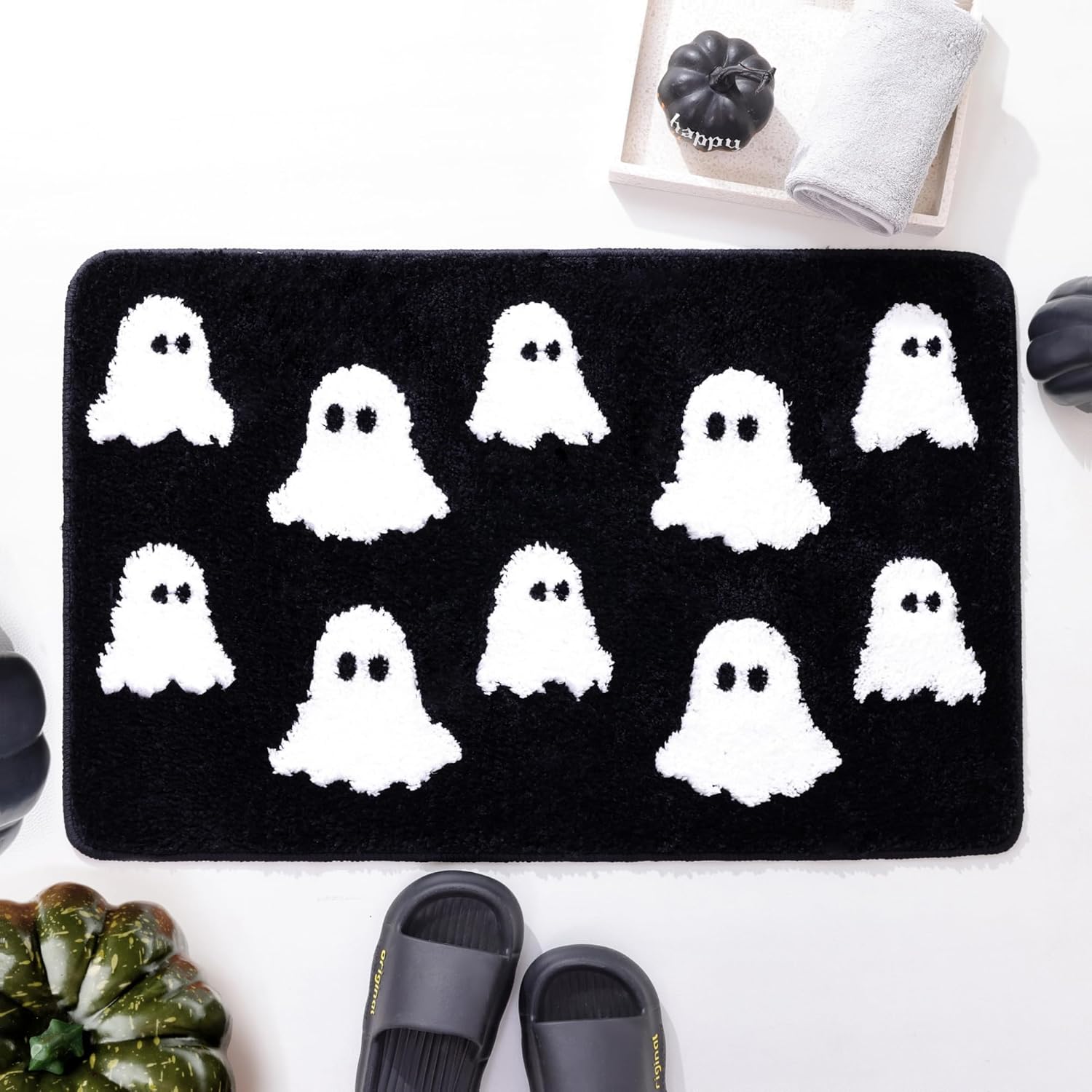 Halloween Bath Mat Spooky Ghosts Gothic Home Decor Black Rugs for Non Slip, Spooky Goth Gift Cute Shower Rug for Bathroom, Bedroom, Living Home Decoration, 20x30in - Image 1
