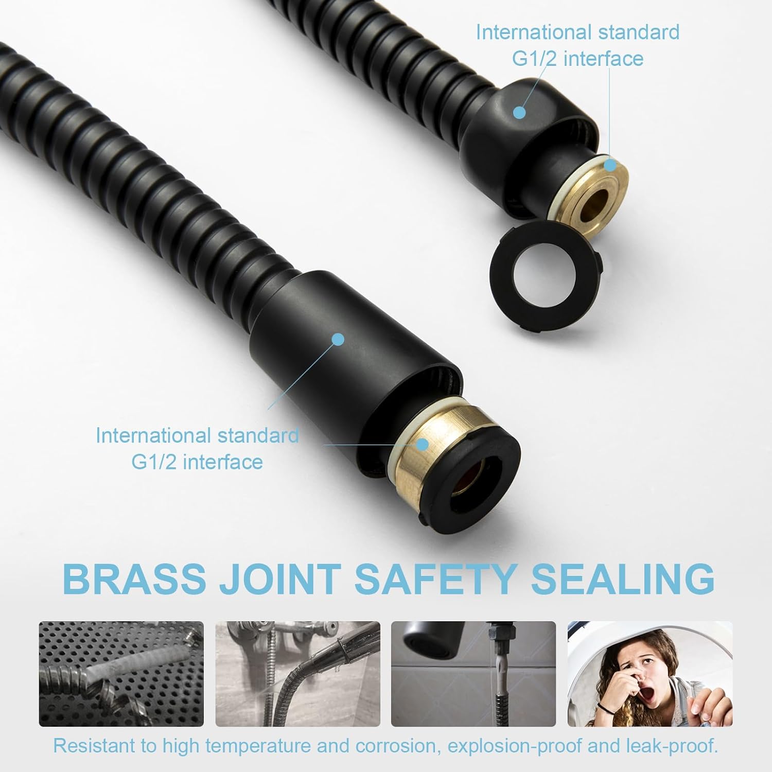 Shower Hose, Kink Free Stainless Steel Shower Hose Attachment Electroplating Handheld Shower Head Hose Flex Hoses Extension with Brass Insert & Nut for Pet Bathing Cleaning 60 in, Matte Black - Image 4