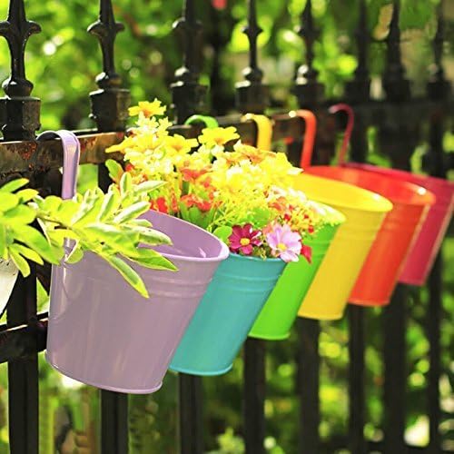 Flower Pots,10 Pcs Metal Iron Hanging Flower Plant Pots Balcony Garden Plant Planter Baskets Fence Bucket Pot 4'' Flower Holders with Detachable Hook - Image 1