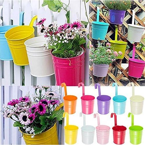 Flower Pots,10 Pcs Metal Iron Hanging Flower Plant Pots Balcony Garden Plant Planter Baskets Fence Bucket Pot 4'' Flower Holders with Detachable Hook - Image 2
