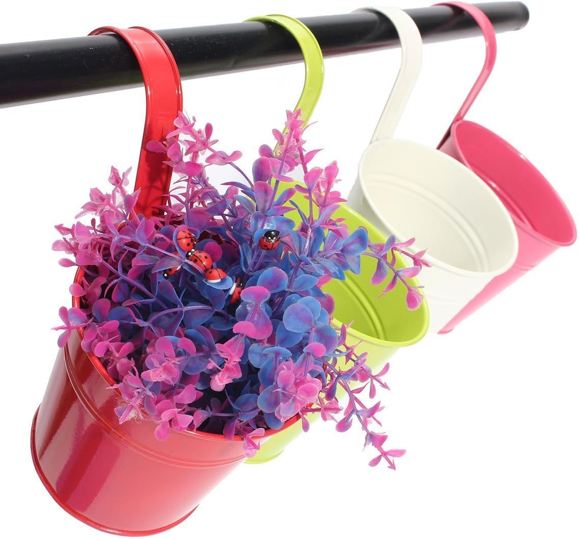 Flower Pots,10 Pcs Metal Iron Hanging Flower Plant Pots Balcony Garden Plant Planter Baskets Fence Bucket Pot 4'' Flower Holders with Detachable Hook - Image 3