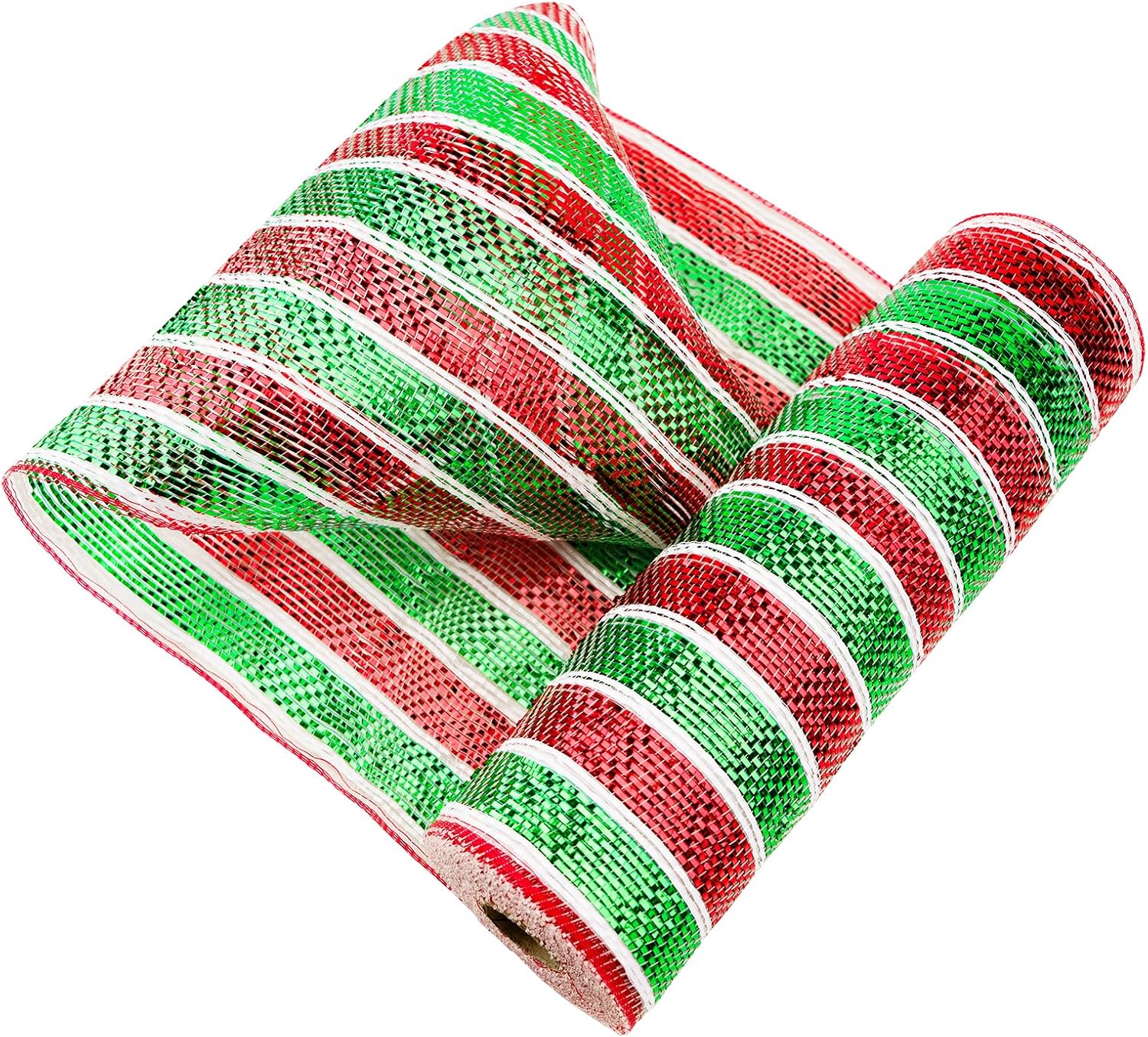 Red and Green Mesh Ribbon - 10 Inch Metallic Foil Stripe Decor for Christmas Tree, Wreaths, DIY Crafts, Valentine's Day - Image 1